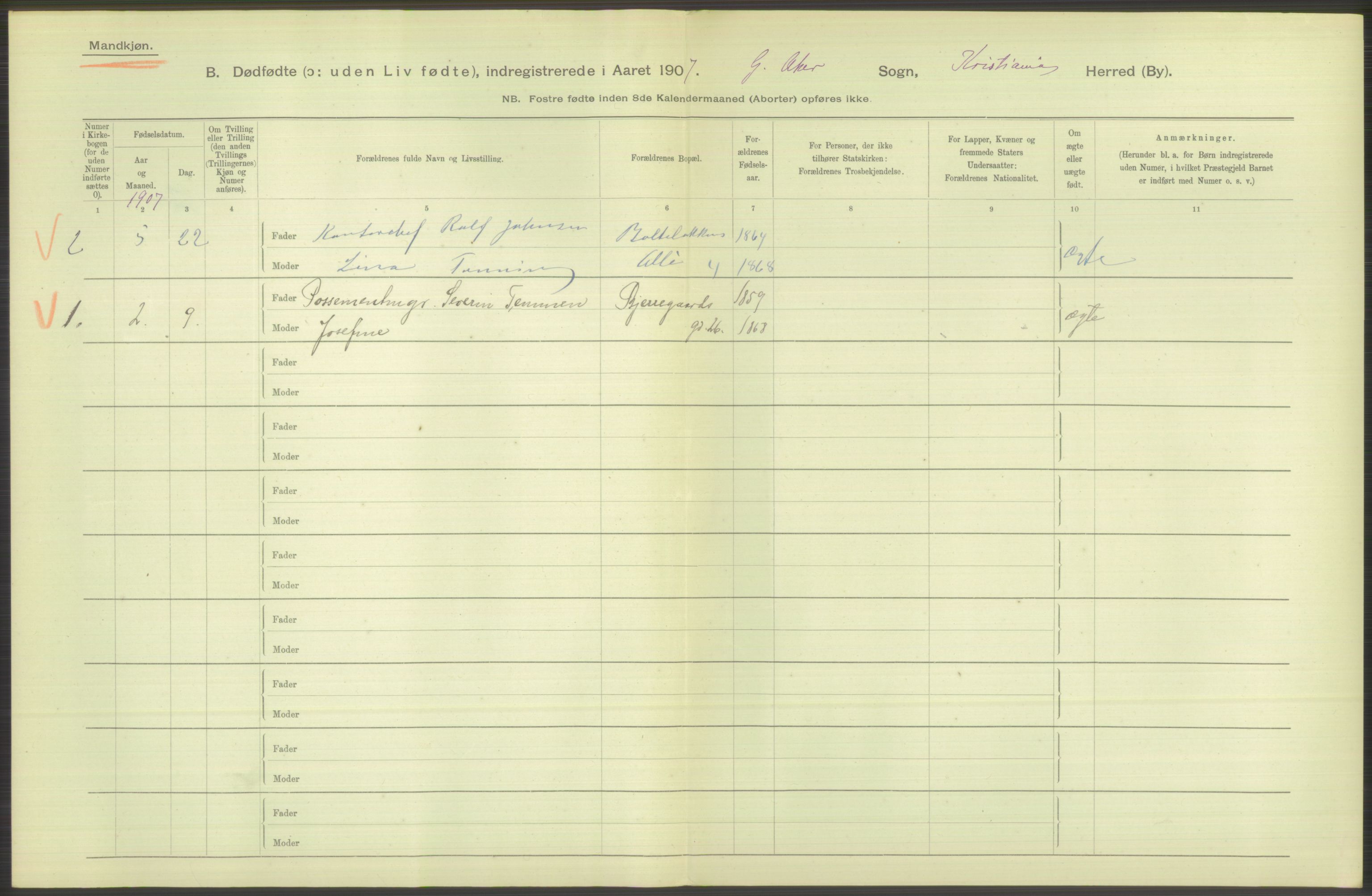 Statistisk sentralbyrå, Sosiodemografiske emner, Befolkning, RA/S-2228/D/Df/Dfa/Dfae/L0010: Kristiania: Døde, dødfødte, 1907, p. 64