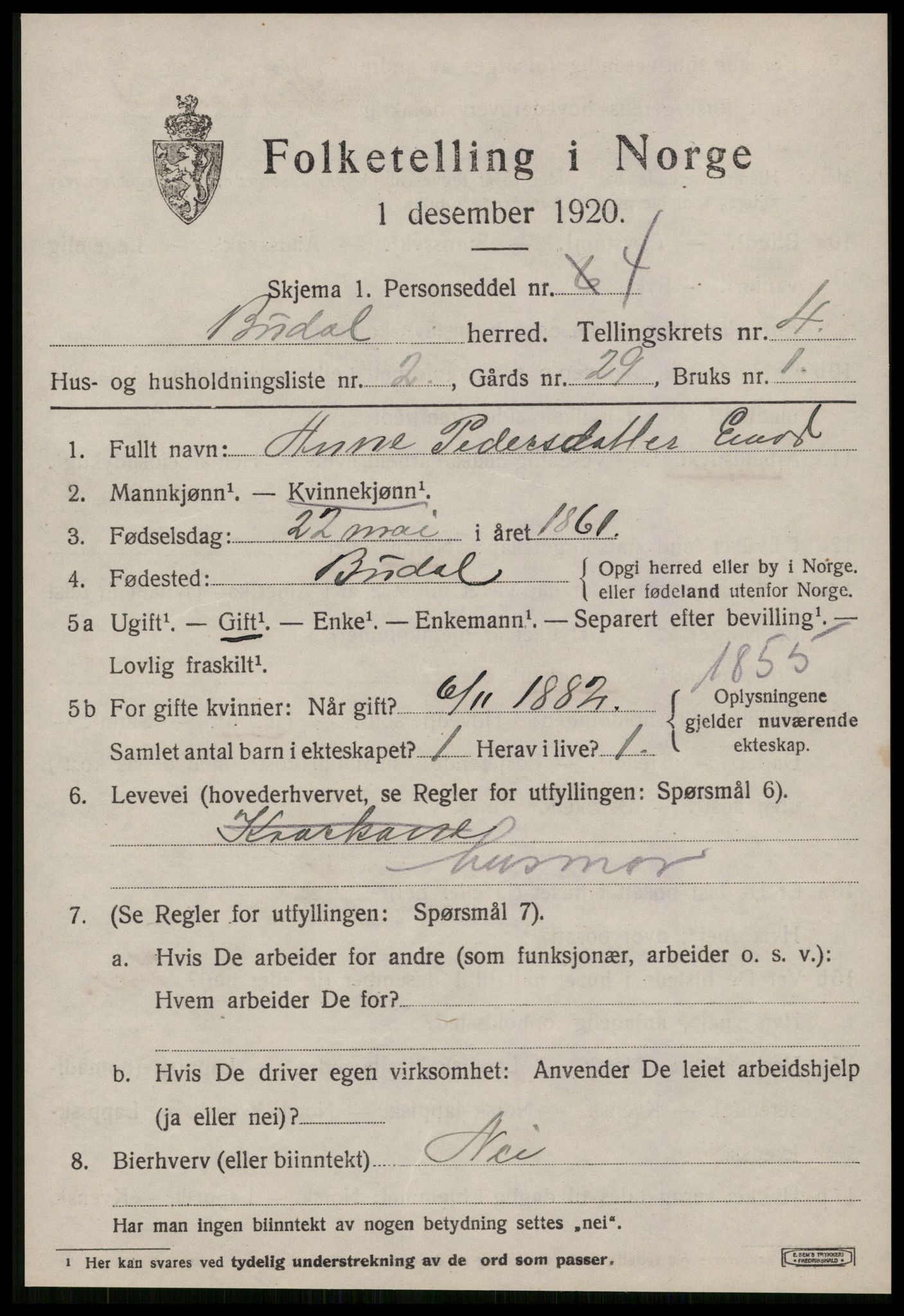 SAT, 1920 census for Budal, 1920, p. 1076