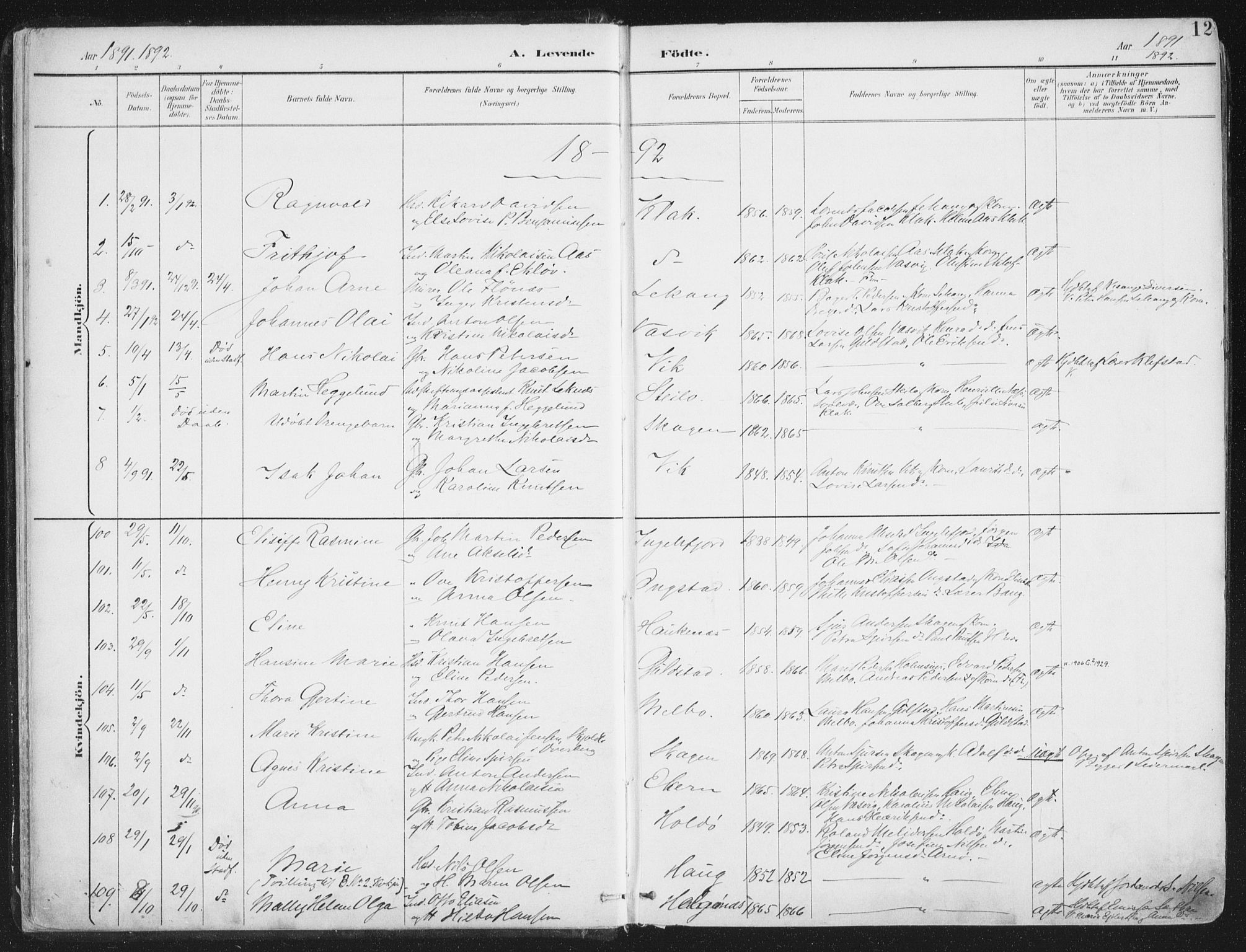 Ministerialprotokoller, klokkerbøker og fødselsregistre - Nordland, AV/SAT-A-1459/888/L1246: Parish register (official) no. 888A12, 1891-1903, p. 12