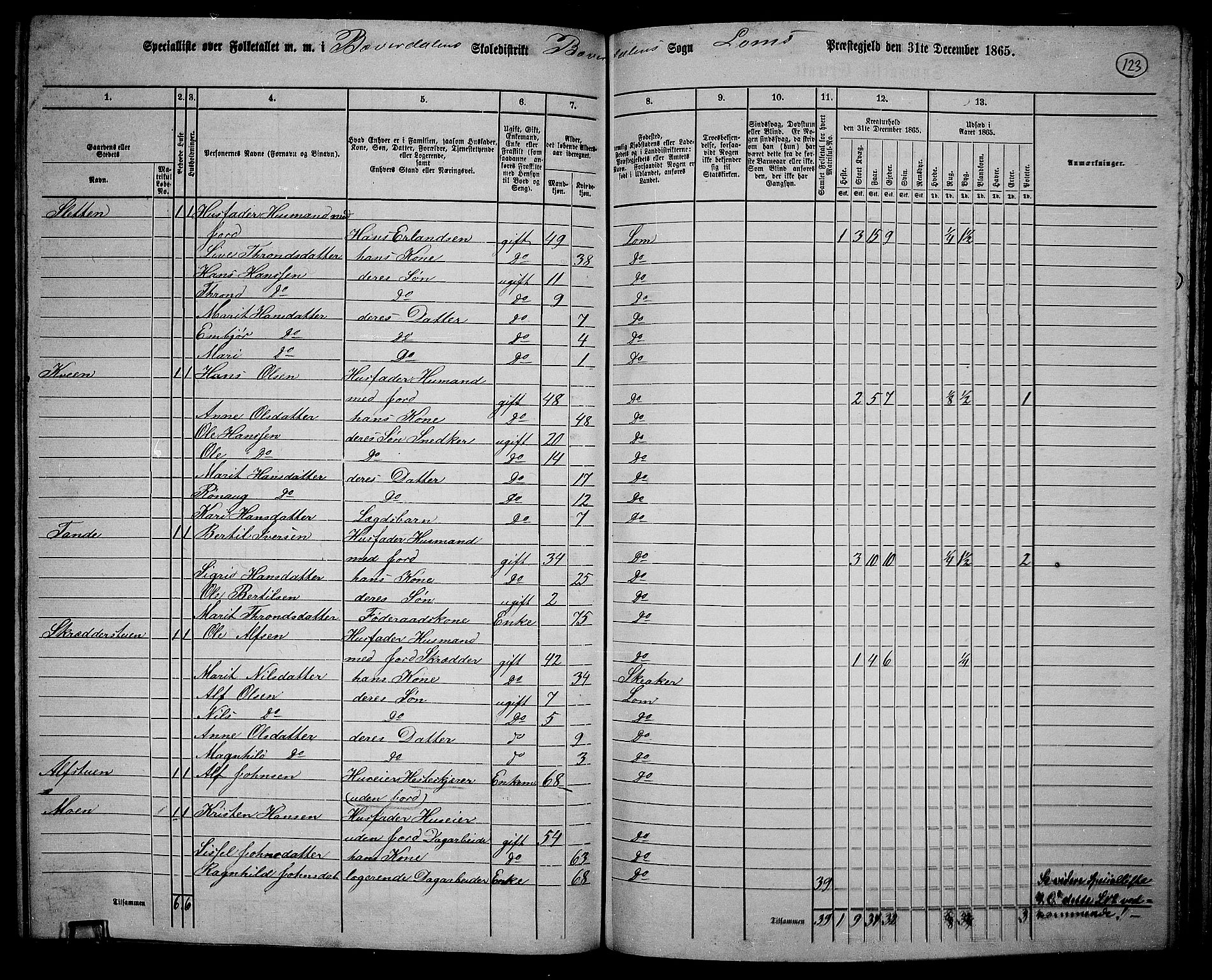 RA, 1865 census for Lom, 1865, p. 115