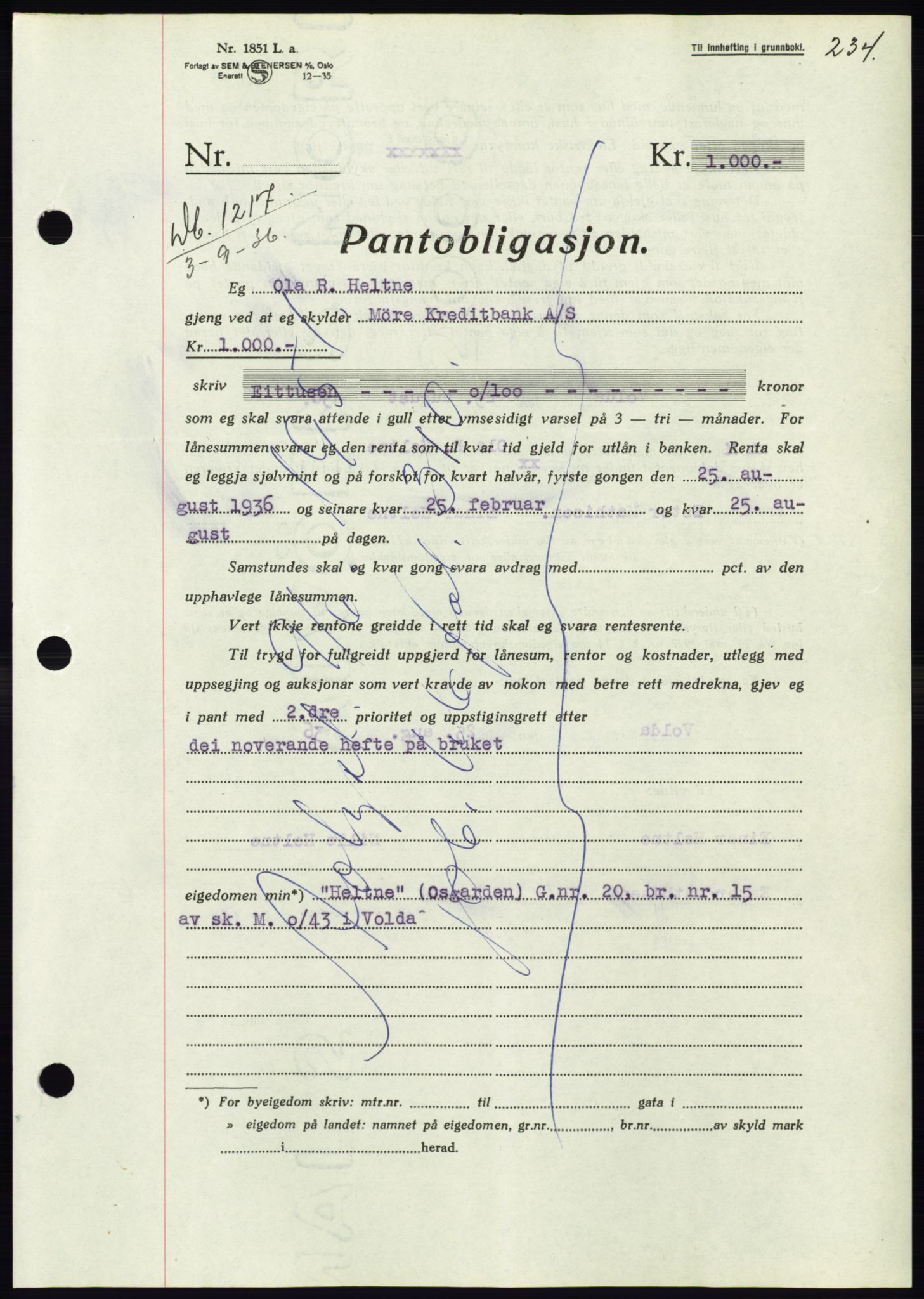 Søre Sunnmøre sorenskriveri, AV/SAT-A-4122/1/2/2C/L0061: Mortgage book no. 55, 1936-1936, Diary no: : 1217/1936