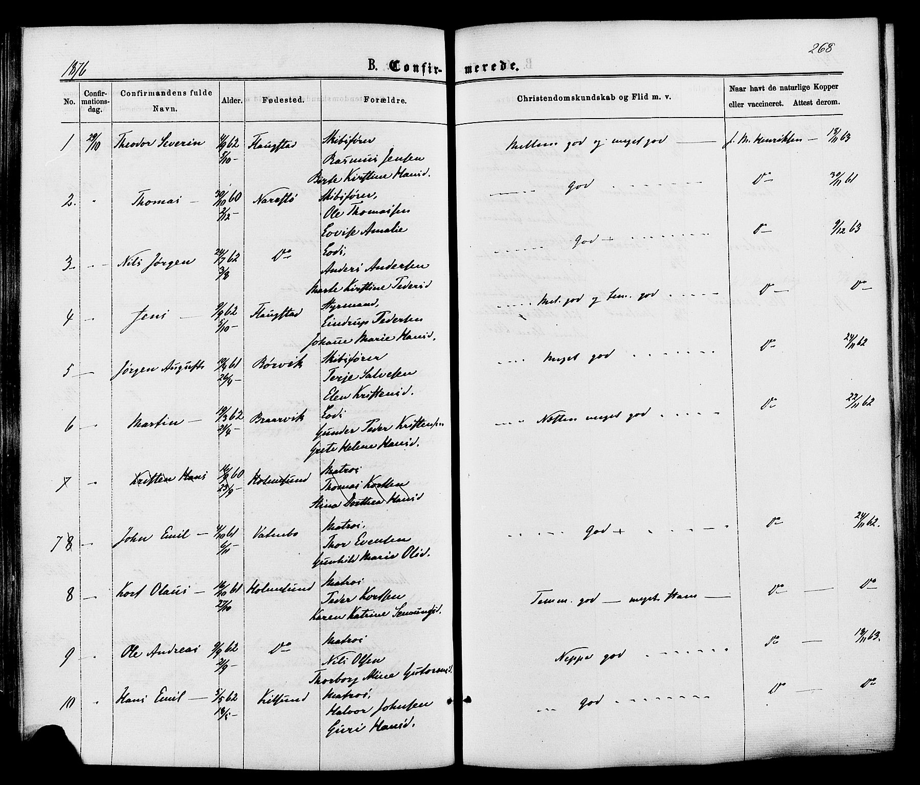 Dypvåg sokneprestkontor, AV/SAK-1111-0007/F/Fa/Faa/L0007: Parish register (official) no. A 7/ 1, 1872-1884, p. 268