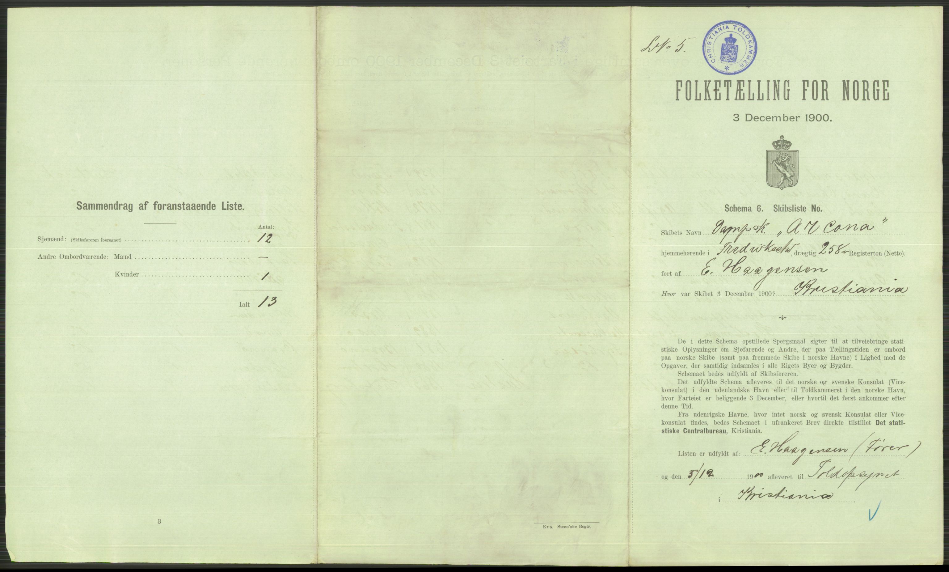 RA, 1900 Census - ship lists from ships in Norwegian harbours, harbours abroad and at sea, 1900, p. 165