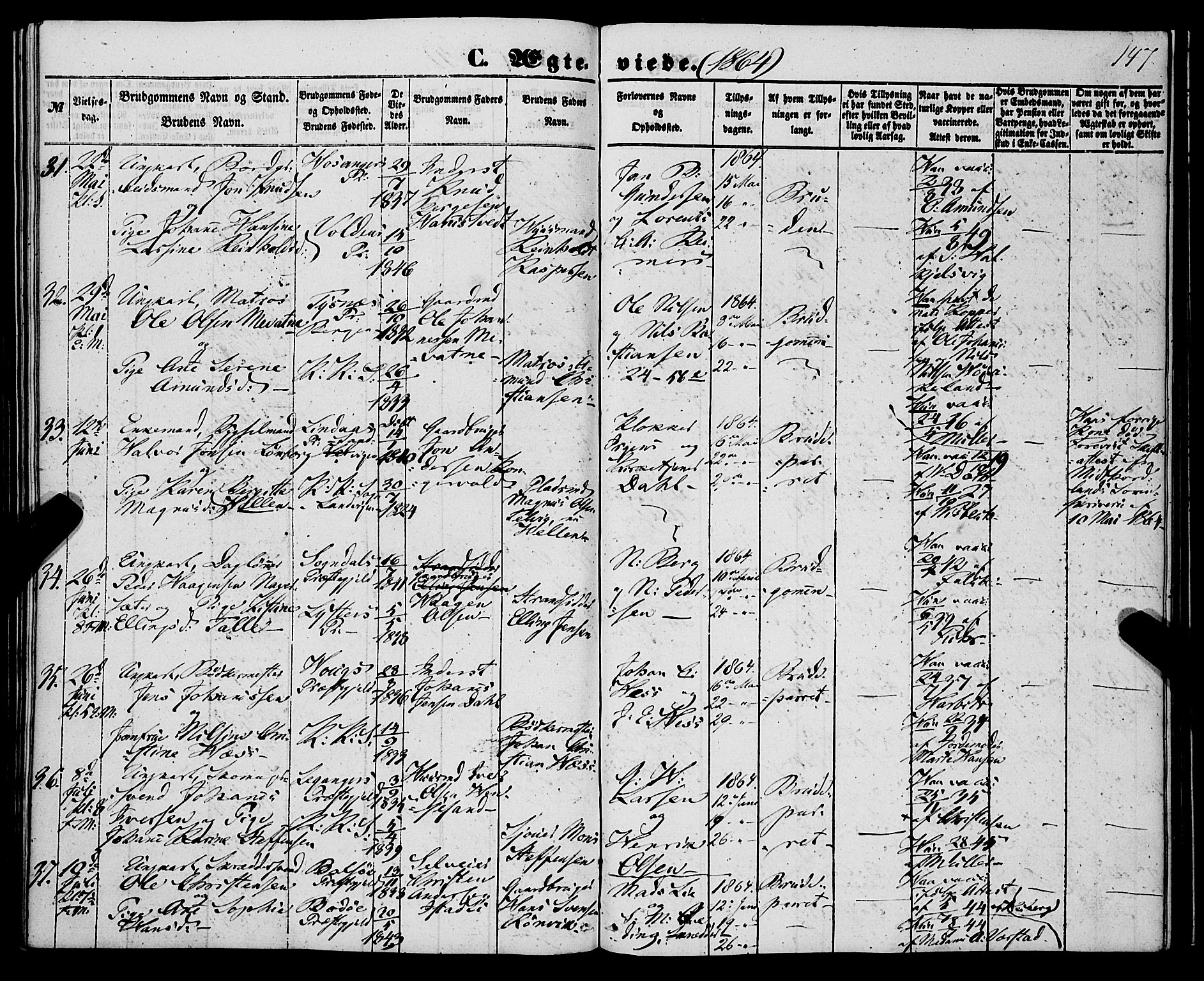 Korskirken sokneprestembete, SAB/A-76101/H/Haa/L0035: Parish register (official) no. D 2, 1852-1867, p. 147