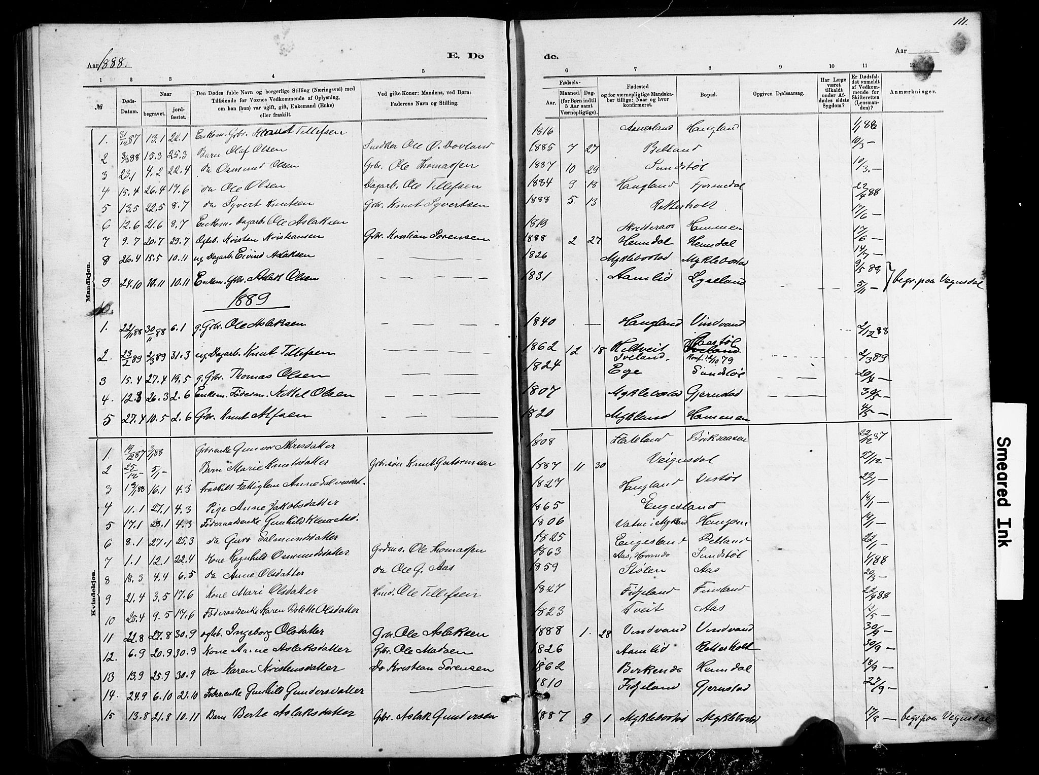 Herefoss sokneprestkontor, SAK/1111-0019/F/Fb/Fbb/L0002: Parish register (copy) no. B 2, 1879-1894, p. 111