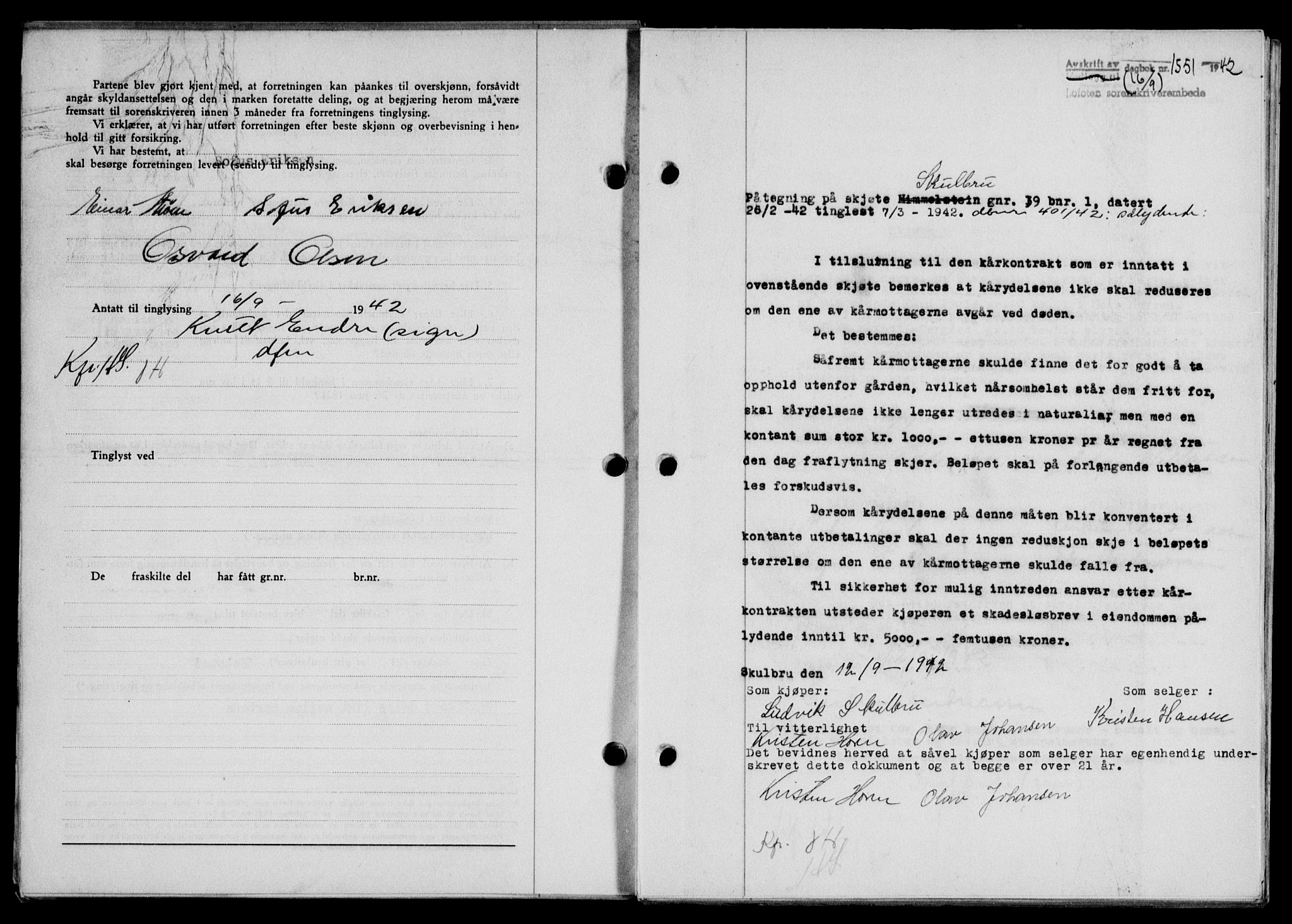 Lofoten sorenskriveri, SAT/A-0017/1/2/2C/L0010a: Mortgage book no. 10a, 1942-1943, Diary no: : 1551/1942