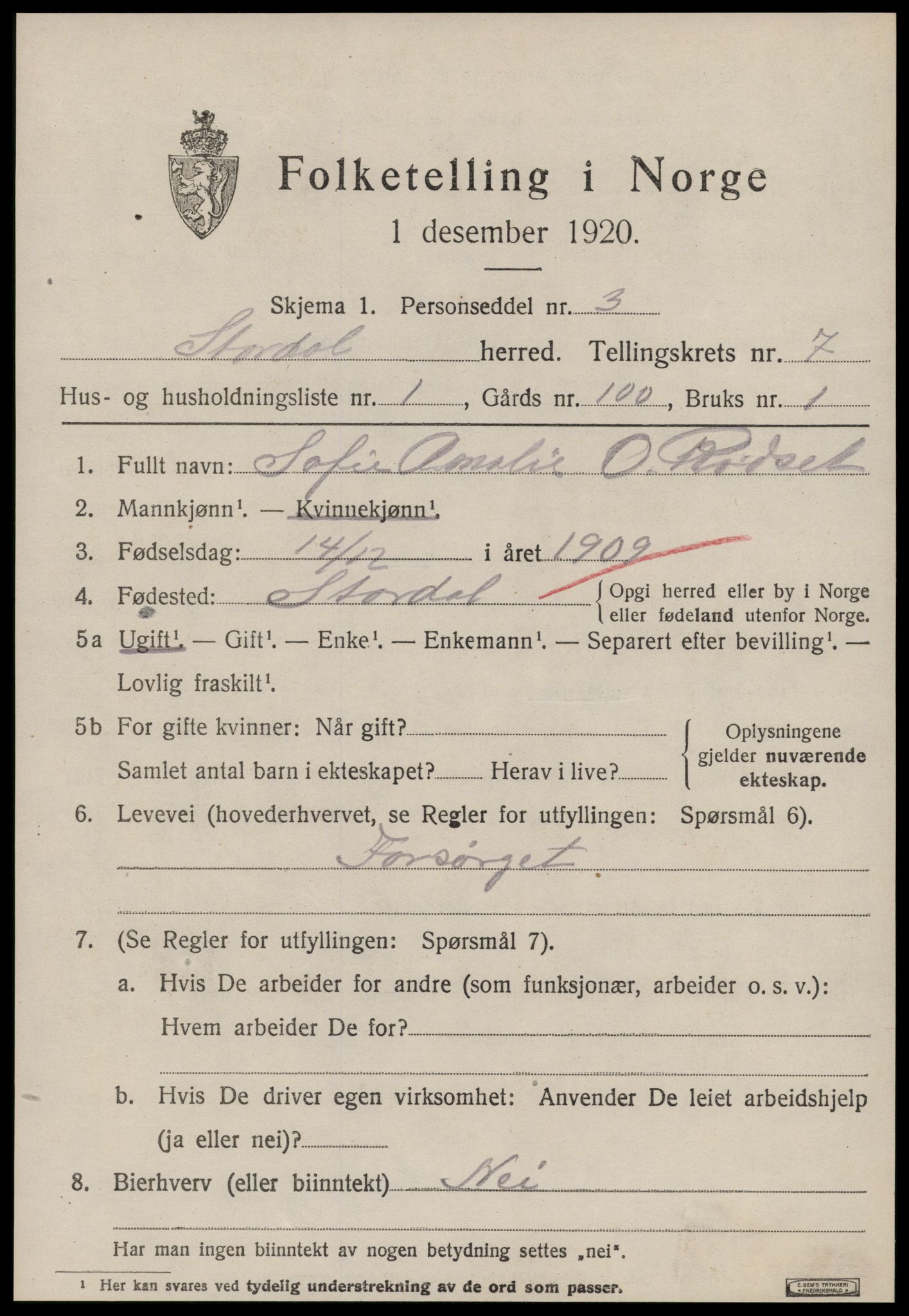 SAT, 1920 census for Stordal, 1920, p. 2090