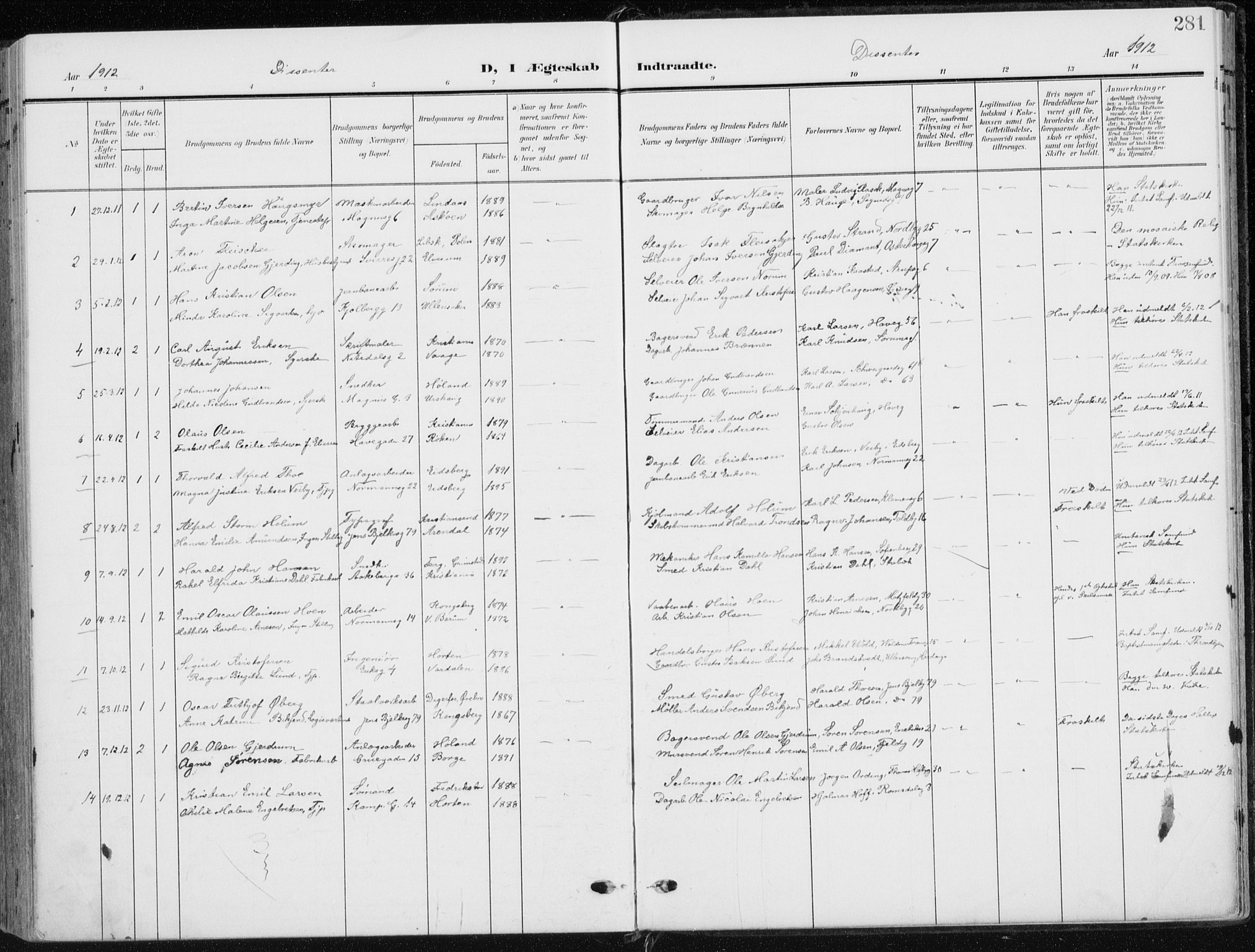 Kampen prestekontor Kirkebøker, SAO/A-10853/F/Fa/L0011: Parish register (official) no. I 11, 1907-1917, p. 281