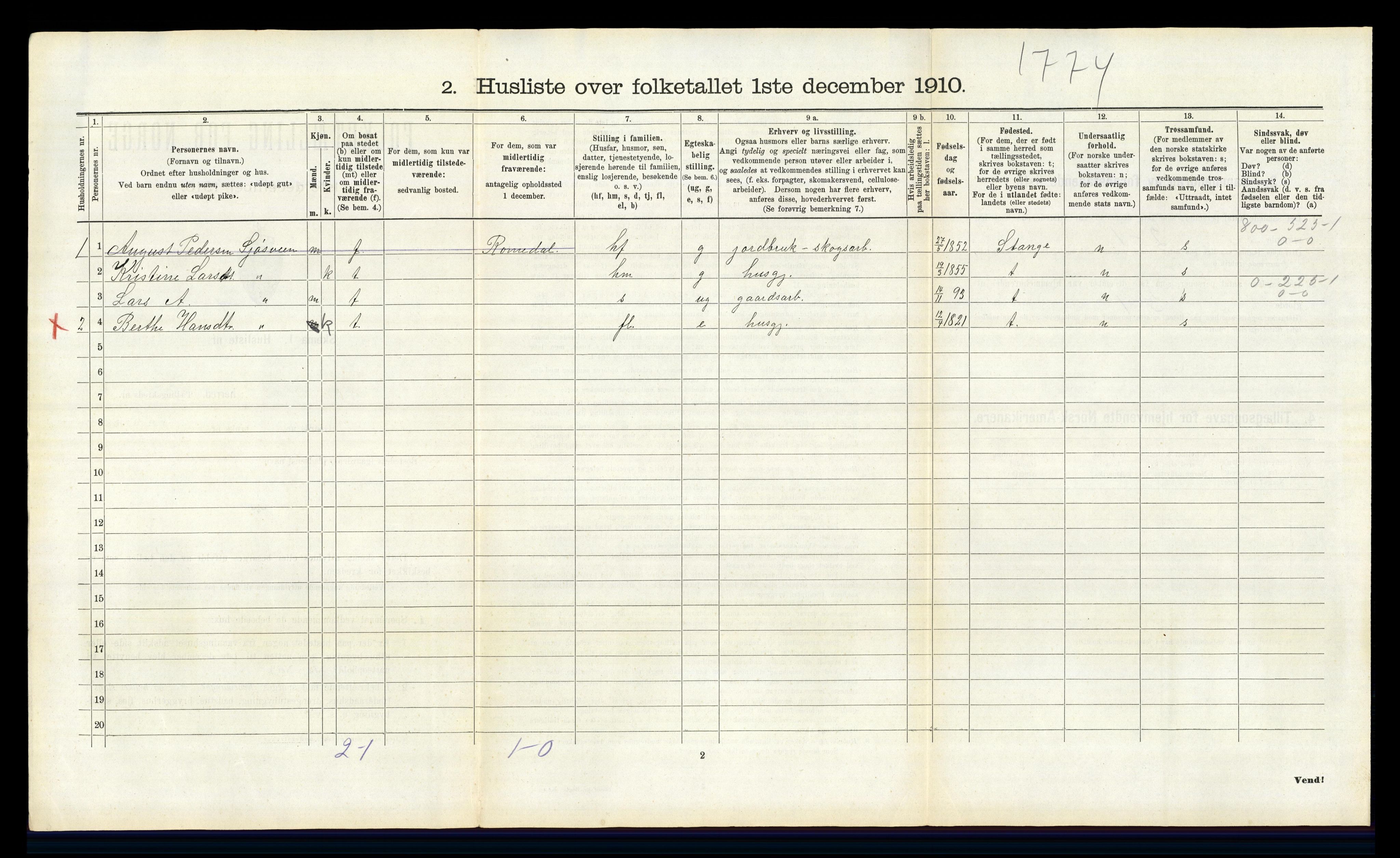 RA, 1910 census for Romedal, 1910, p. 1334