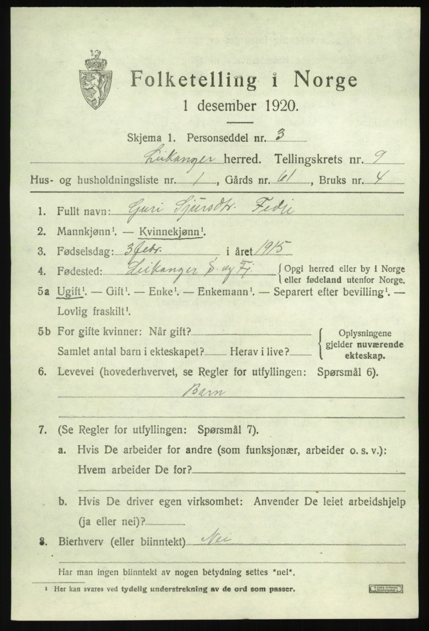 SAB, 1920 census for Leikanger, 1920, p. 5512