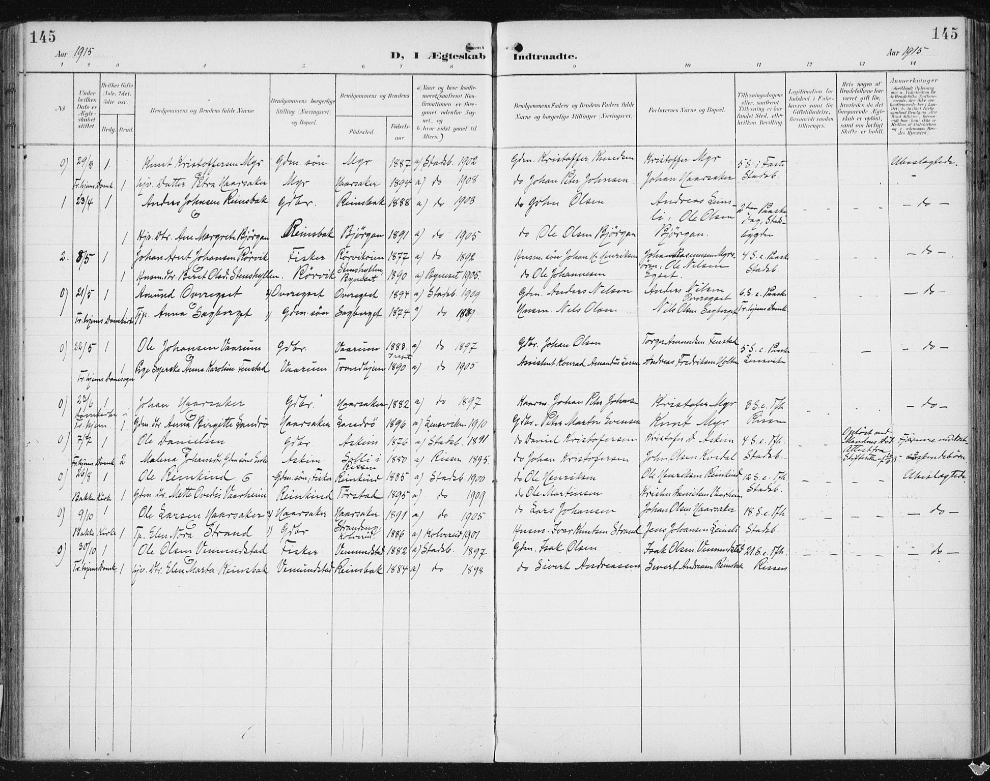 Ministerialprotokoller, klokkerbøker og fødselsregistre - Sør-Trøndelag, SAT/A-1456/646/L0616: Parish register (official) no. 646A14, 1900-1918, p. 145