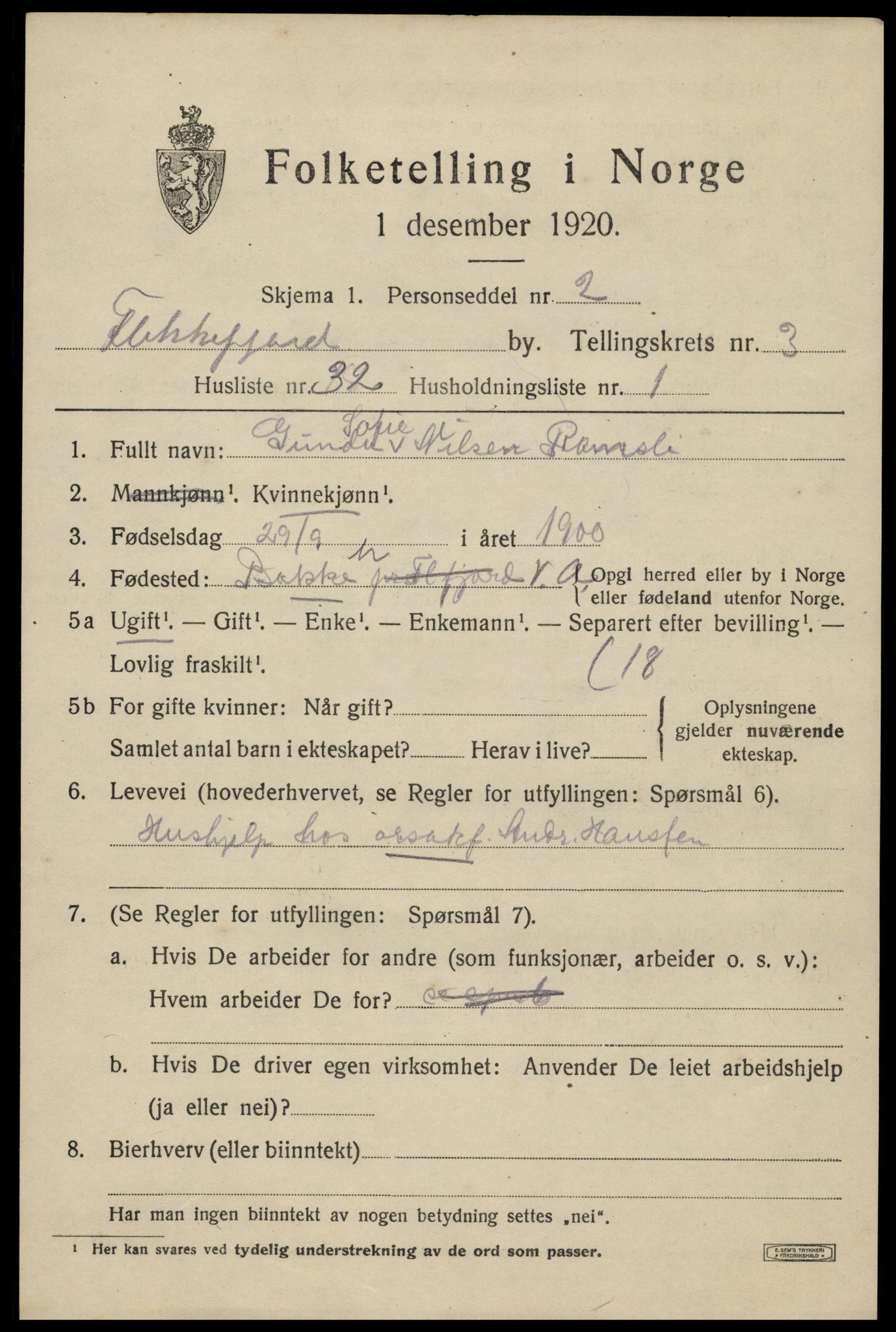 SAK, 1920 census for Flekkefjord, 1920, p. 3782