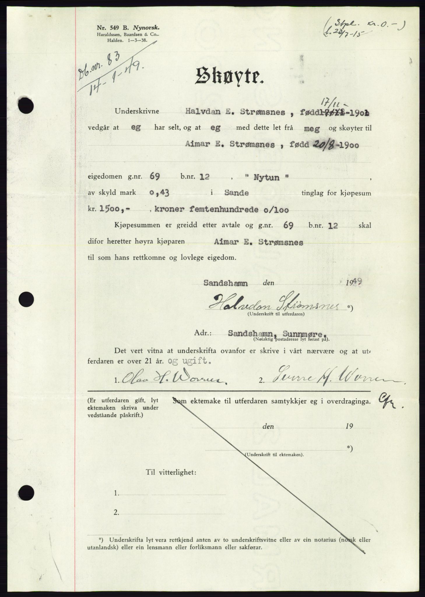 Søre Sunnmøre sorenskriveri, AV/SAT-A-4122/1/2/2C/L0083: Mortgage book no. 9A, 1948-1949, Diary no: : 83/1949