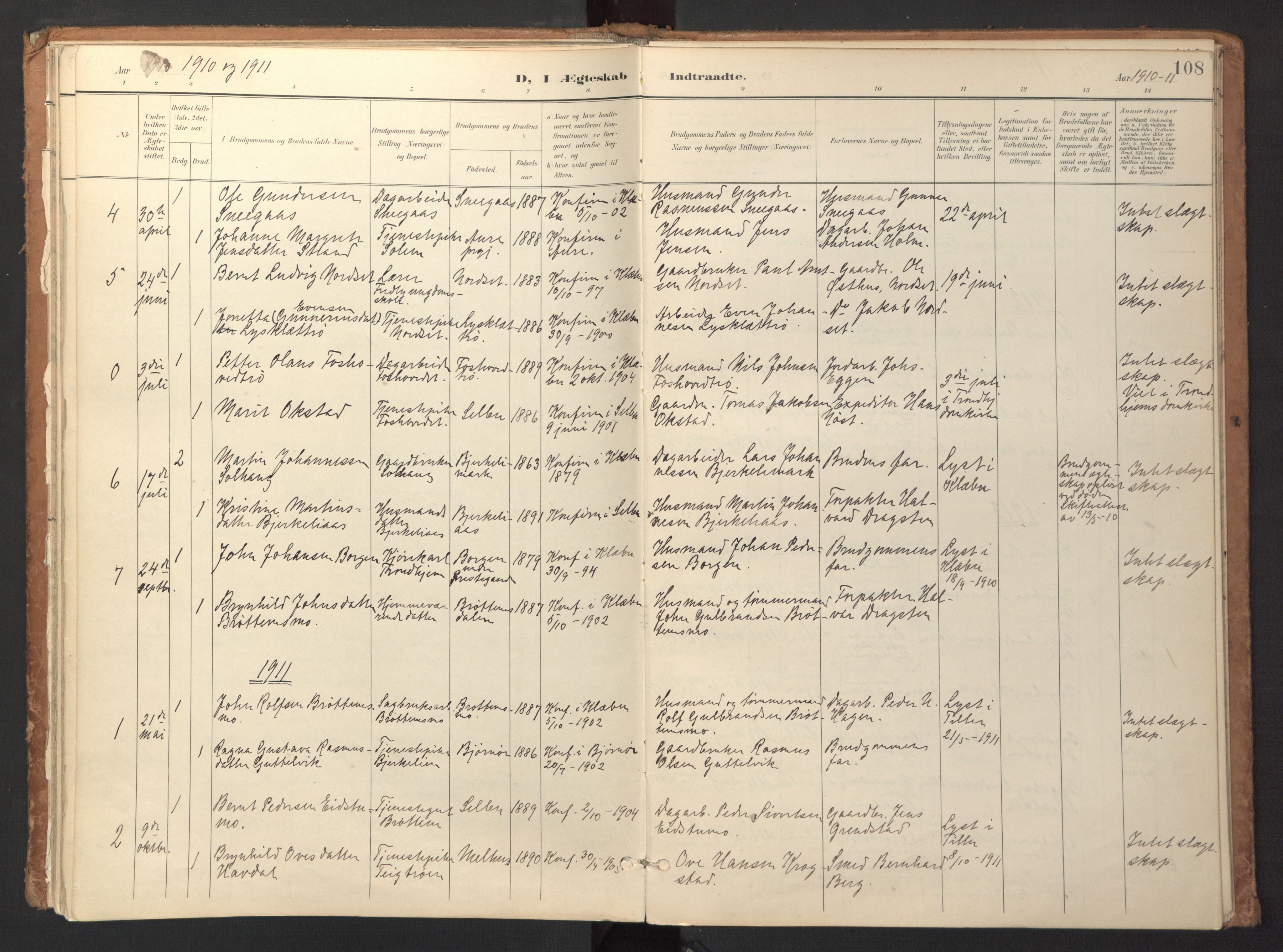 Ministerialprotokoller, klokkerbøker og fødselsregistre - Sør-Trøndelag, SAT/A-1456/618/L0448: Parish register (official) no. 618A11, 1898-1916, p. 108