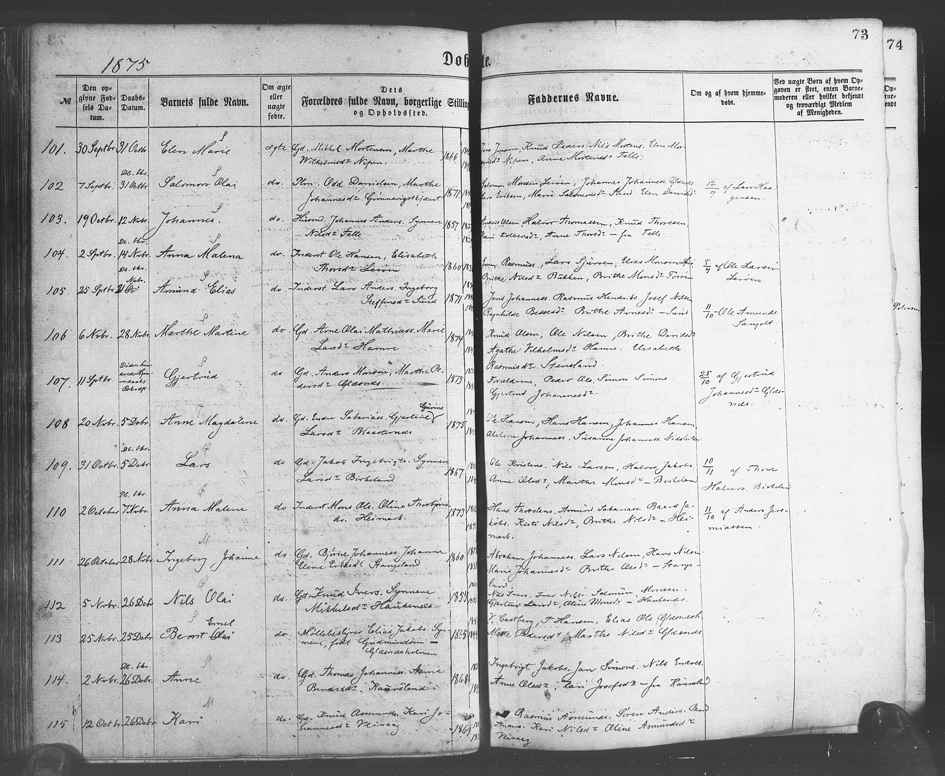 Sund sokneprestembete, AV/SAB-A-99930: Parish register (official) no. A 15, 1867-1881, p. 73