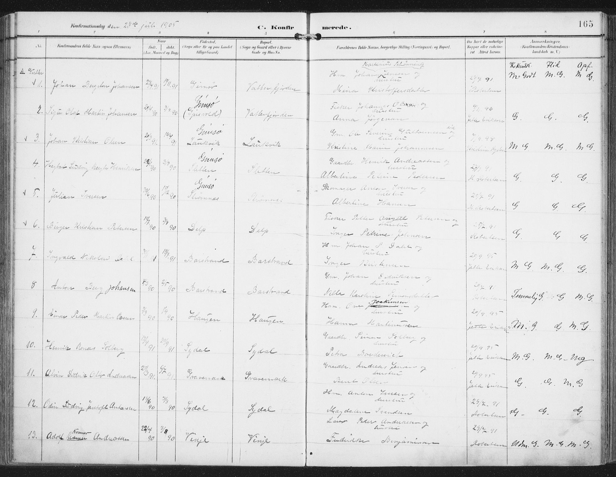 Ministerialprotokoller, klokkerbøker og fødselsregistre - Nordland, AV/SAT-A-1459/876/L1098: Parish register (official) no. 876A04, 1896-1915, p. 165