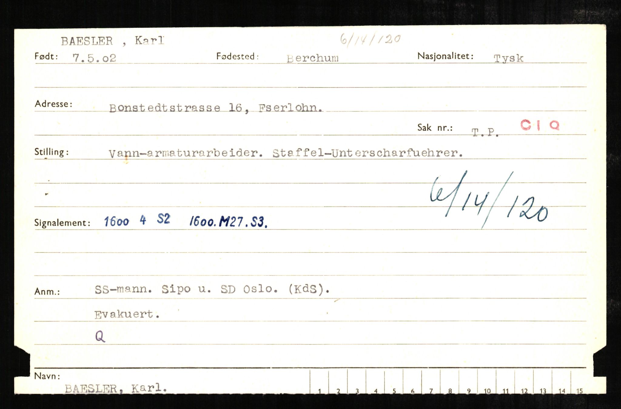 Forsvaret, Forsvarets overkommando II, AV/RA-RAFA-3915/D/Db/L0001: CI Questionaires. Tyske okkupasjonsstyrker i Norge. Tyskere., 1945-1946, p. 549