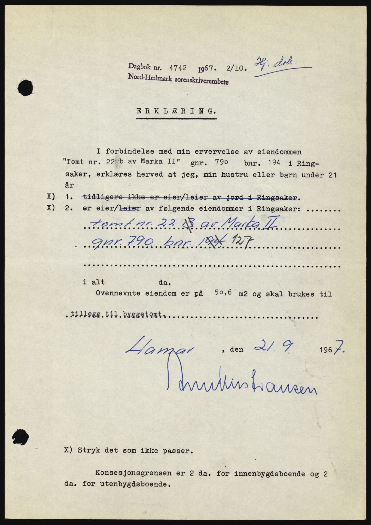 Nord-Hedmark sorenskriveri, SAH/TING-012/H/Hc/L0026: Mortgage book no. 26, 1967-1967, Diary no: : 4742/1967