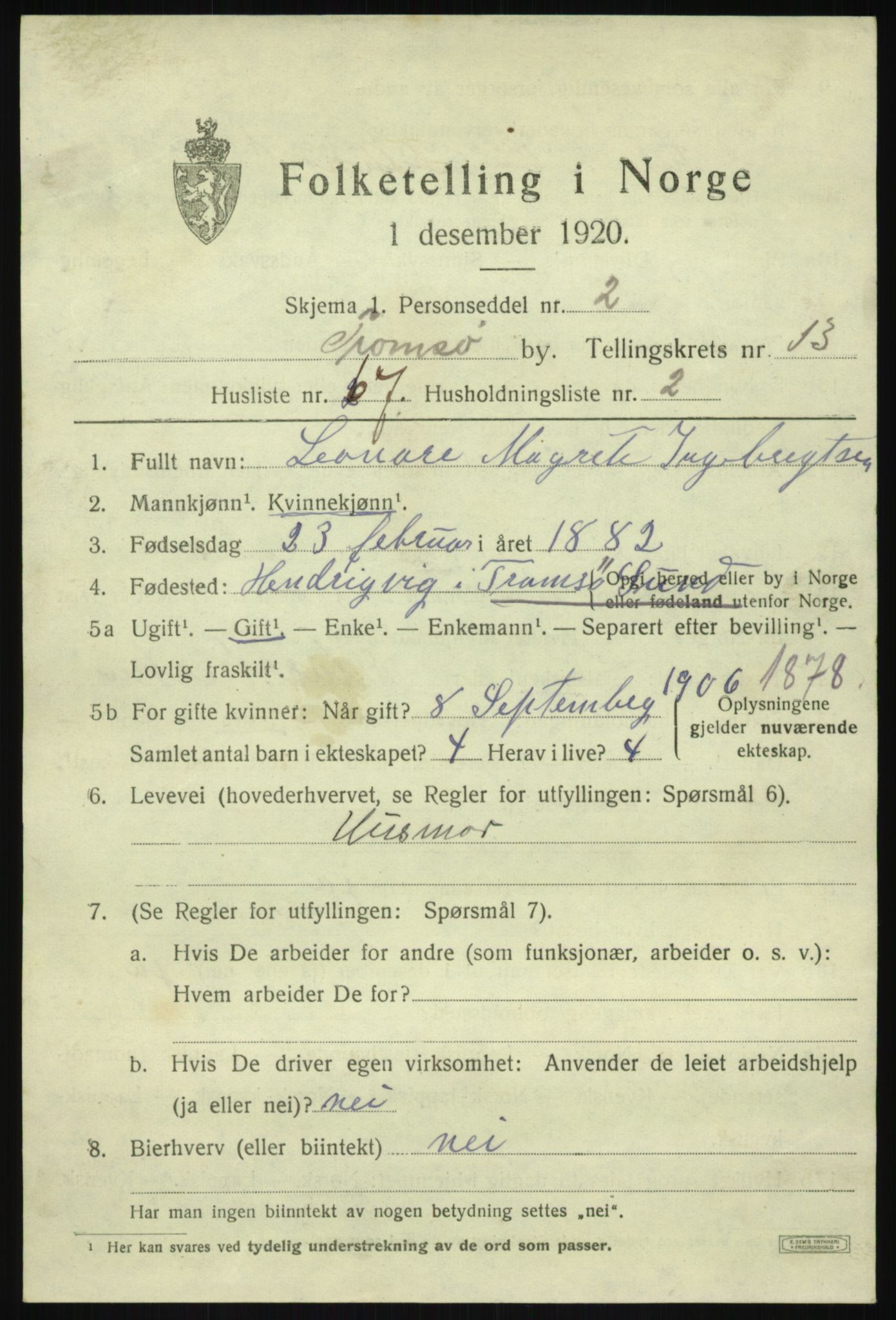 SATØ, 1920 census for Tromsø, 1920, p. 26328