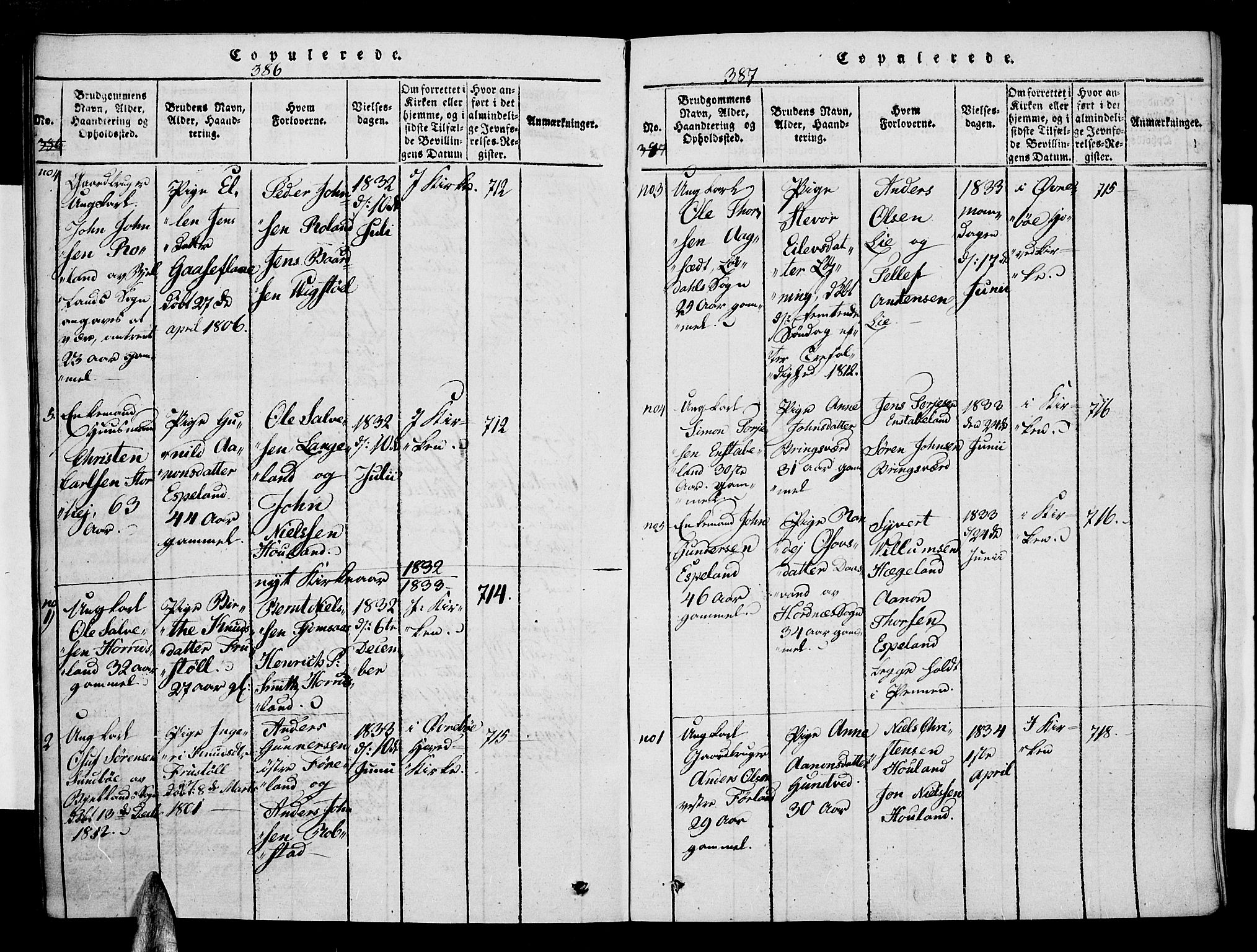 Vennesla sokneprestkontor, AV/SAK-1111-0045/Fa/Faa/L0003: Parish register (official) no. A 3, 1820-1834, p. 386-387