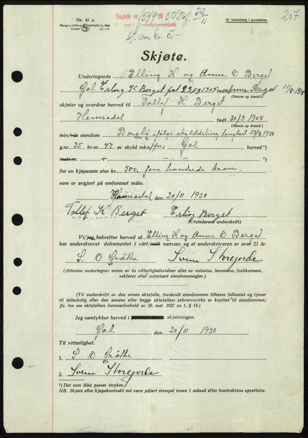 Hallingdal sorenskriveri, AV/SAKO-A-121/G/Ga/L0082: Mortgage book no. 82, 1950-1950, Diary no: : 1549/1950