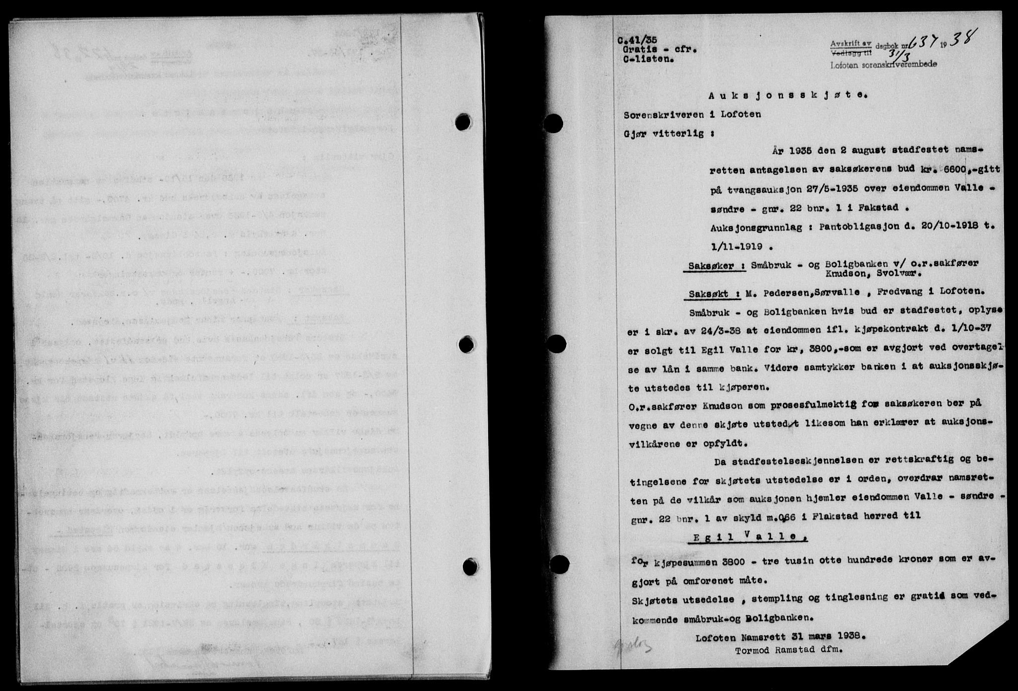 Lofoten sorenskriveri, SAT/A-0017/1/2/2C/L0003a: Mortgage book no. 3a, 1937-1938, Diary no: : 637/1938