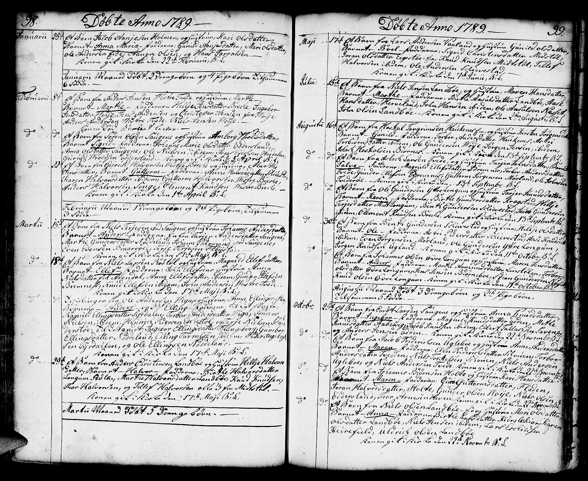 Austre Moland sokneprestkontor, SAK/1111-0001/F/Fa/Faa/L0002: Parish register (official) no. A 2, 1747-1808, p. 98-99