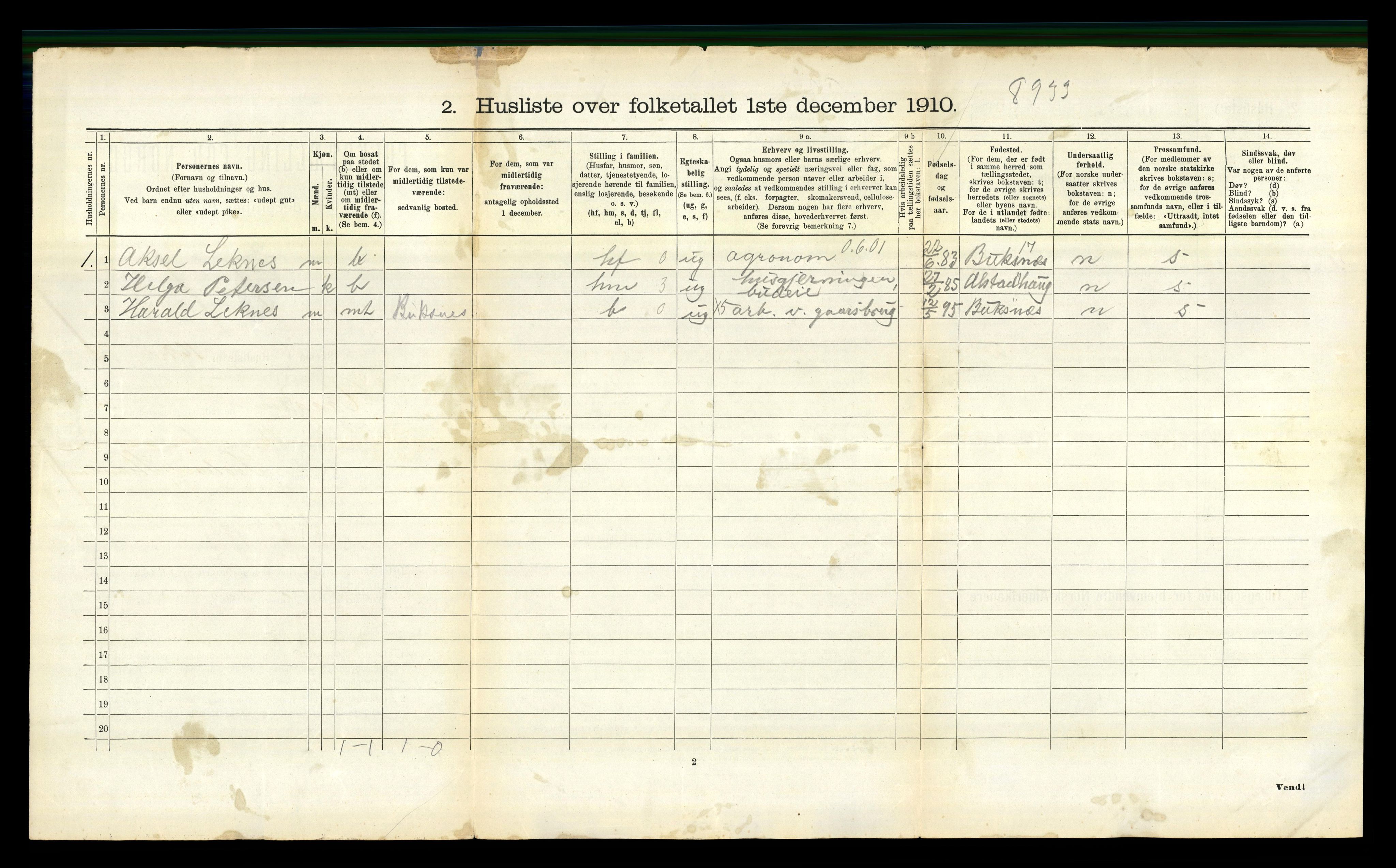 RA, 1910 census for Vågan, 1910, p. 1090