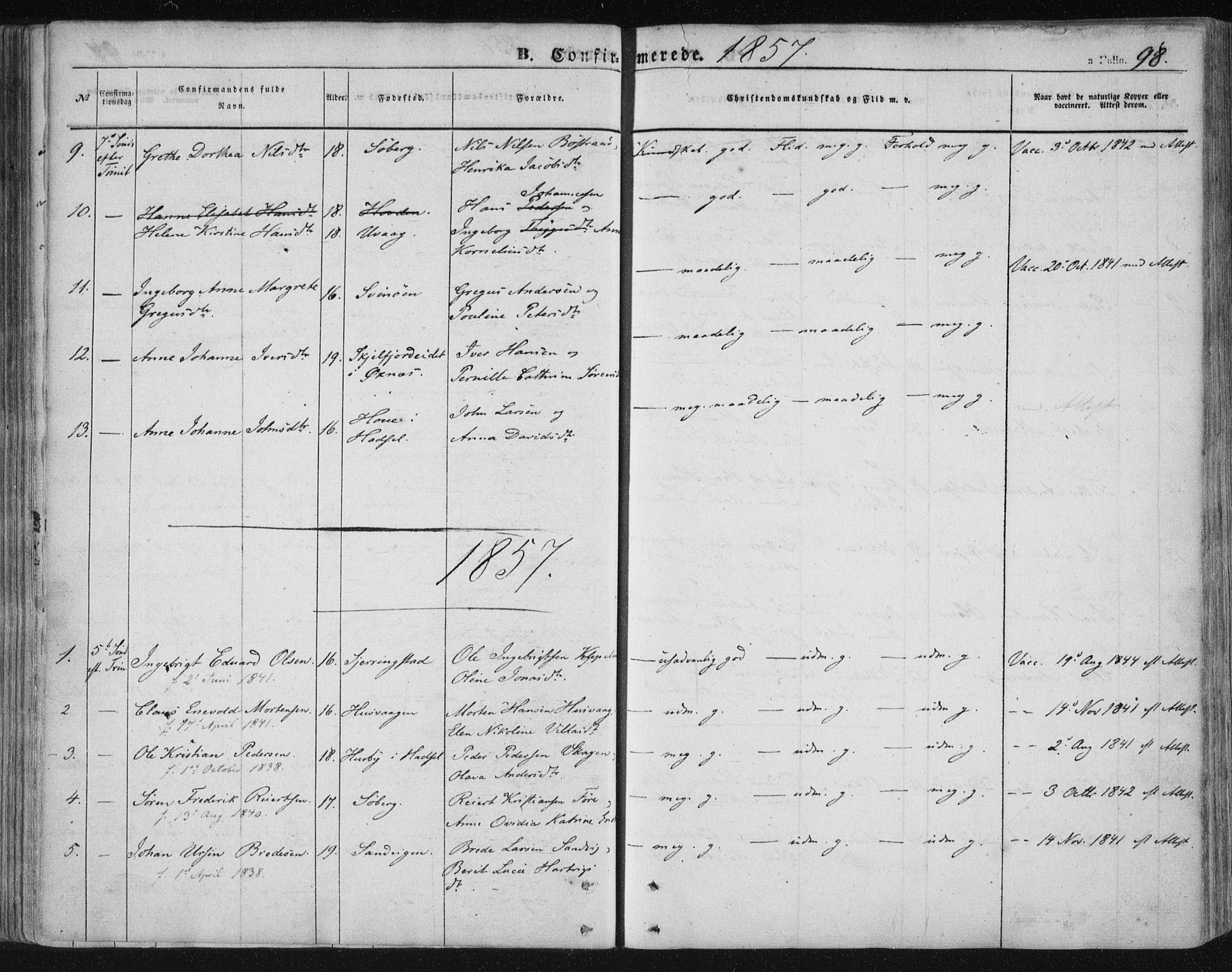 Ministerialprotokoller, klokkerbøker og fødselsregistre - Nordland, AV/SAT-A-1459/891/L1300: Parish register (official) no. 891A05, 1856-1870, p. 98