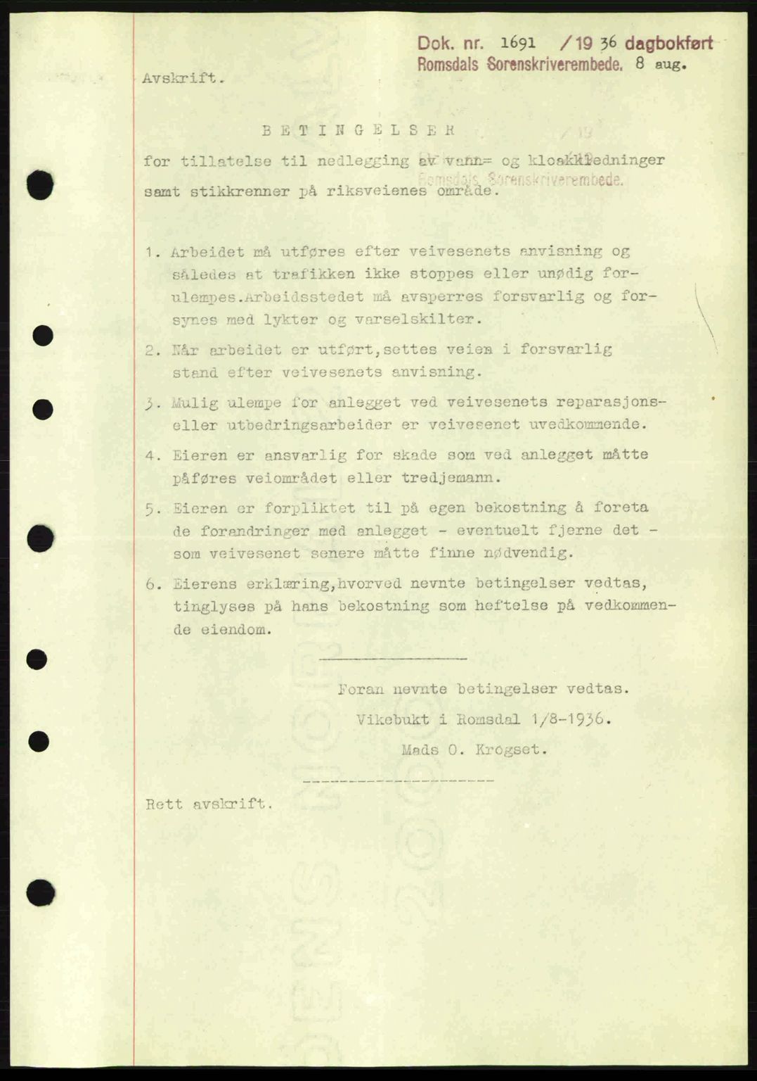 Romsdal sorenskriveri, AV/SAT-A-4149/1/2/2C: Mortgage book no. A1, 1936-1936, Diary no: : 1691/1936