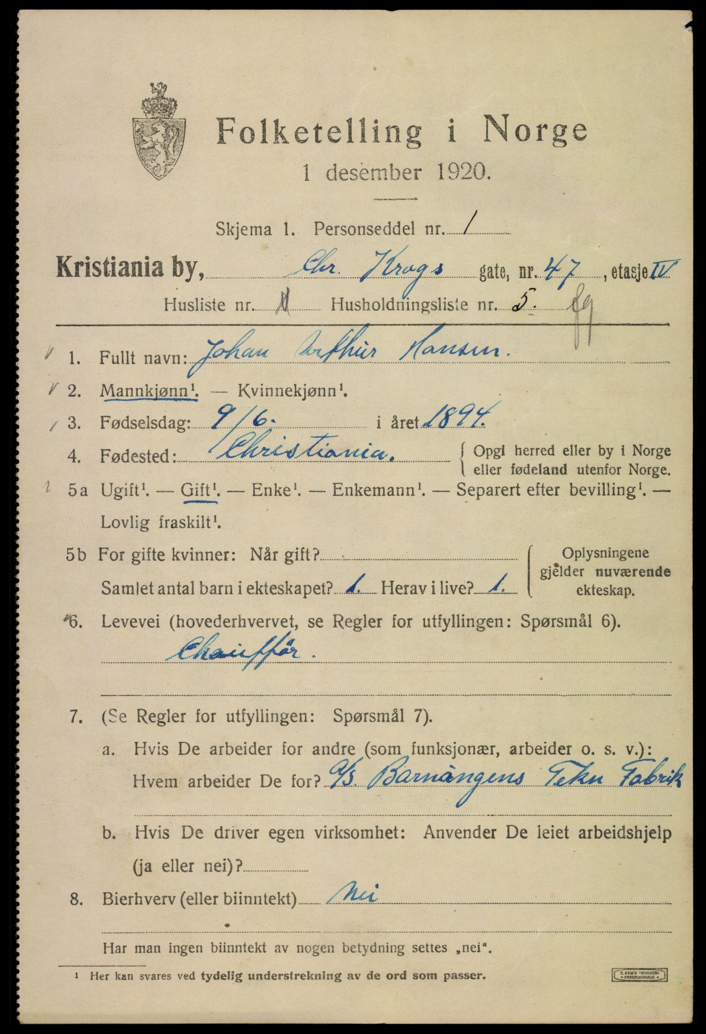 SAO, 1920 census for Kristiania, 1920, p. 184595