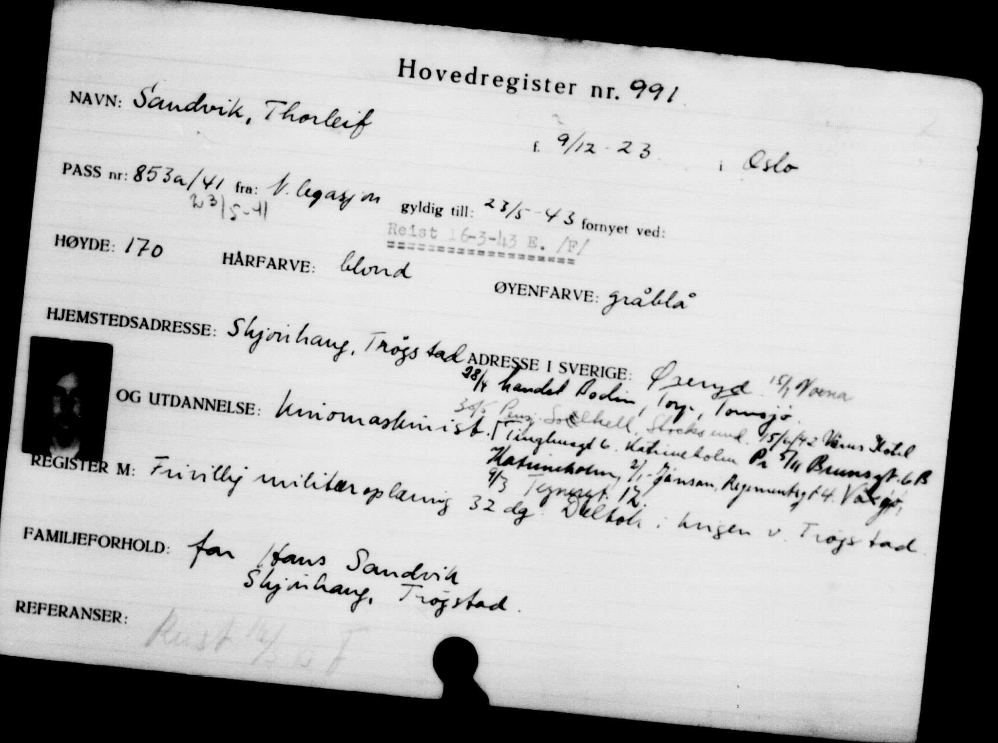 Utenriksstasjonene, Legasjonen i Stockholm, Flyktningkontoret, AV/RA-S-6753/V/Va/L0001: Kjesäterkartoteket, flyktninger med registreringsnr. 1-1000, 1940-1945, p. 1533