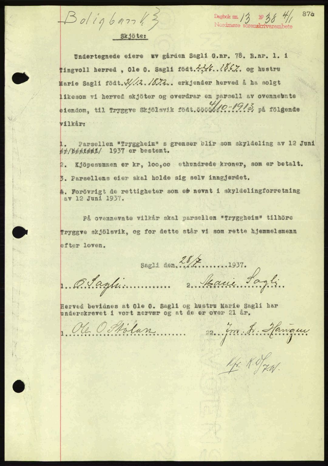 Nordmøre sorenskriveri, SAT/A-4132/1/2/2Ca: Mortgage book no. A82, 1937-1938, Diary no: : 13/1938