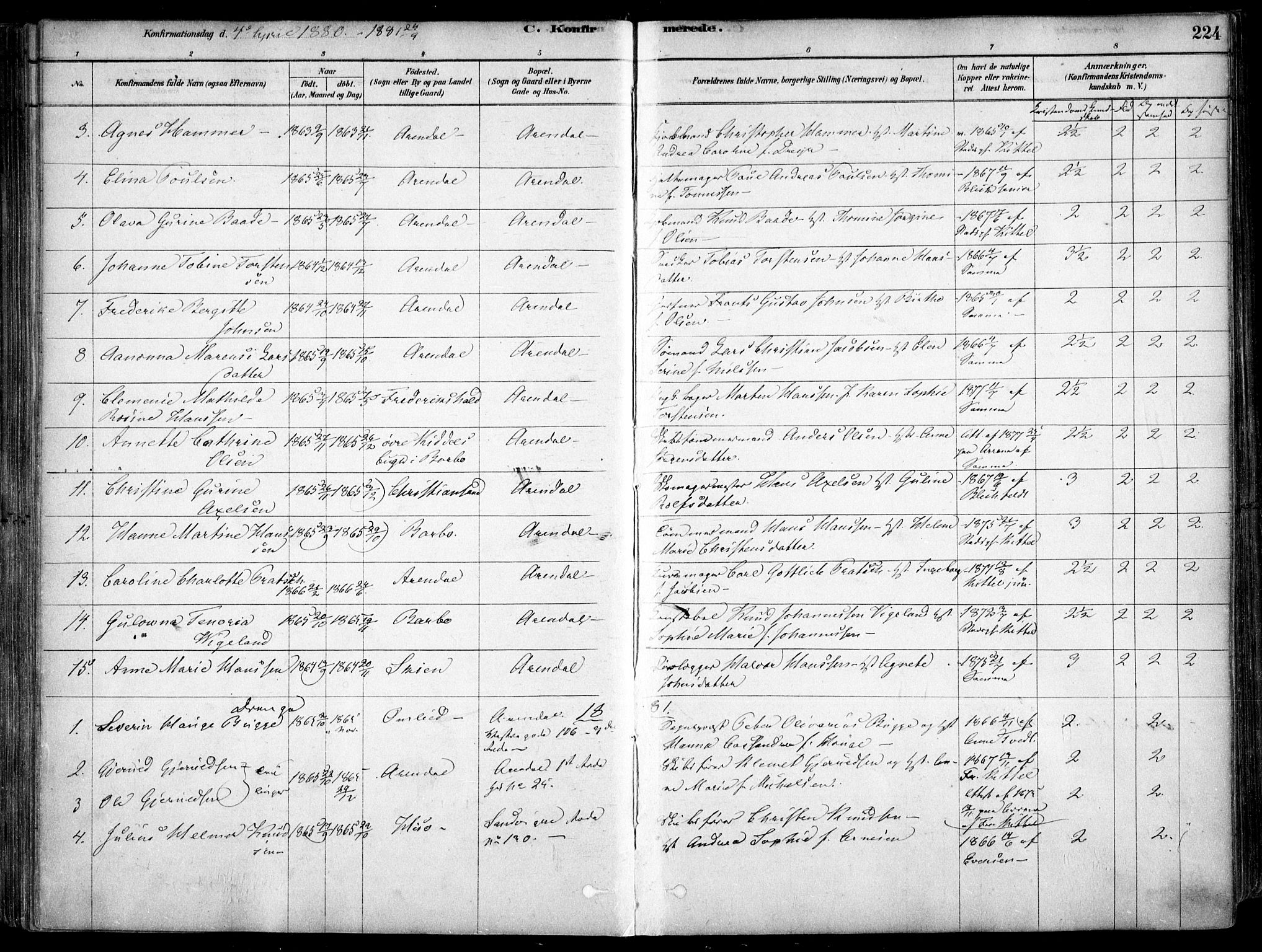 Arendal sokneprestkontor, Trefoldighet, SAK/1111-0040/F/Fa/L0008: Parish register (official) no. A 8, 1878-1899, p. 224