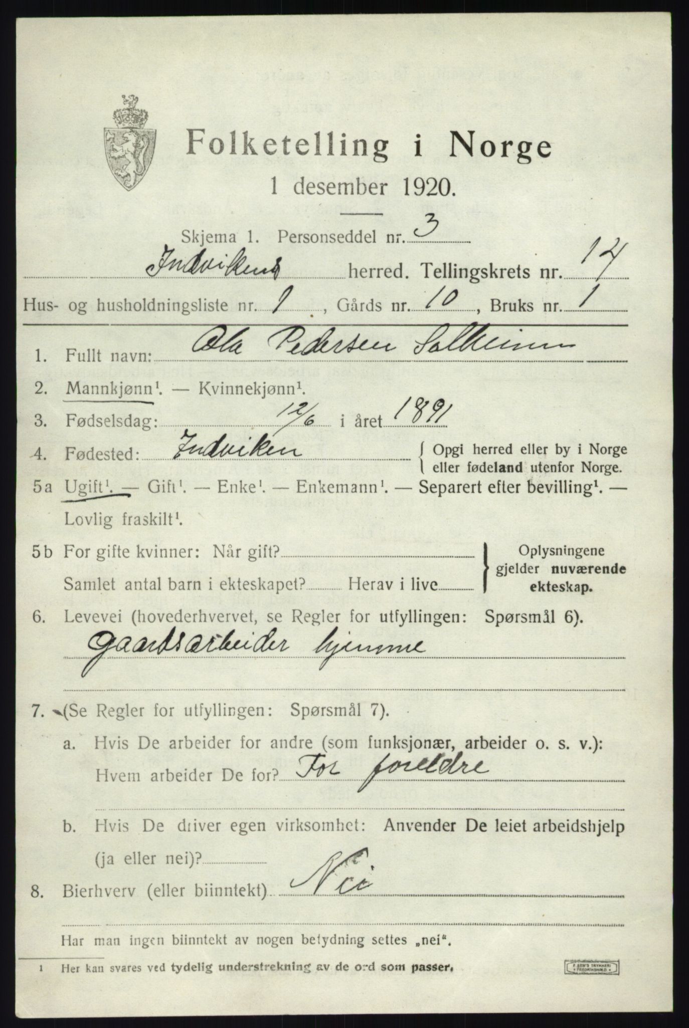 SAB, 1920 census for Innvik, 1920, p. 5795