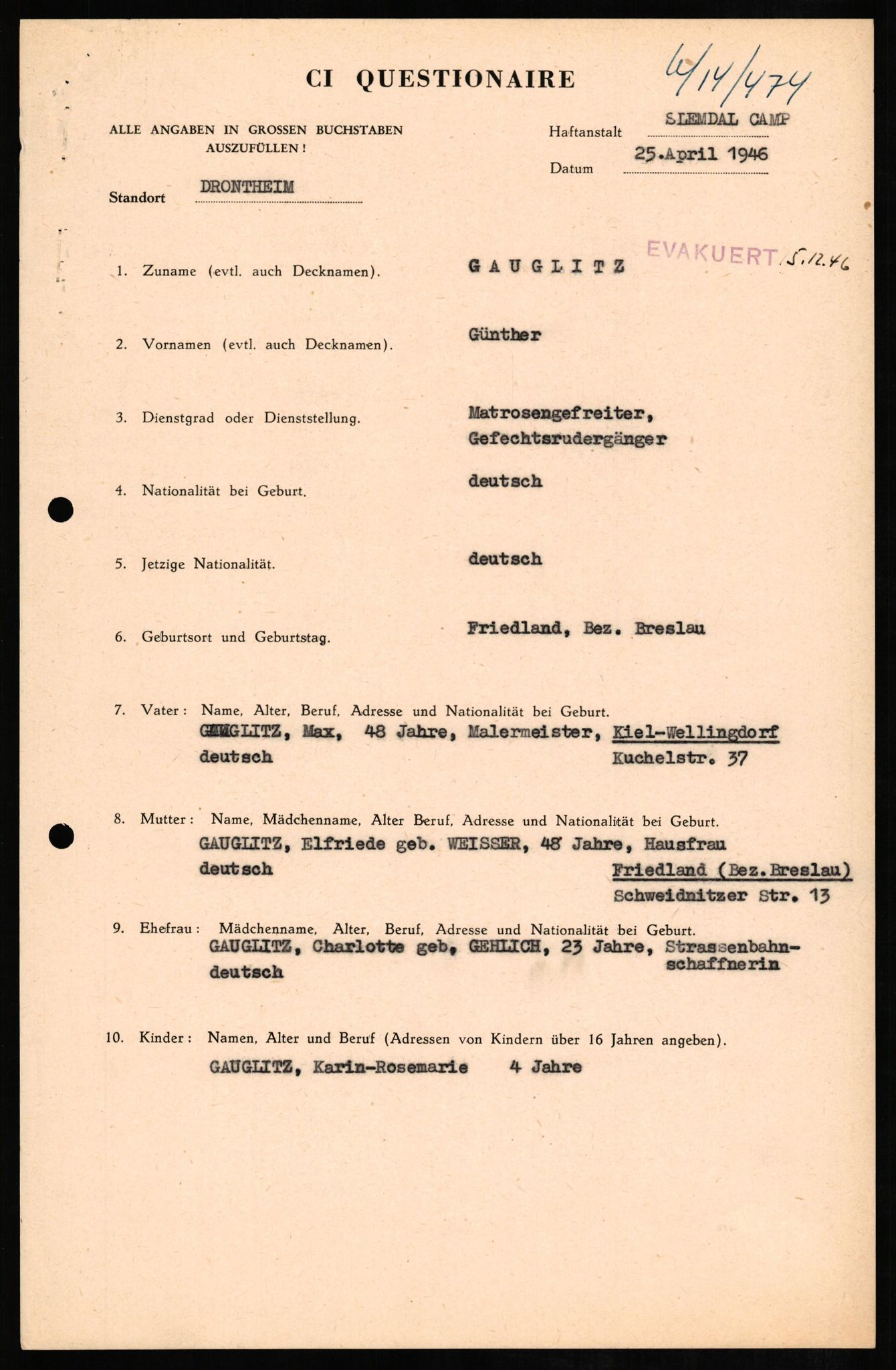 Forsvaret, Forsvarets overkommando II, AV/RA-RAFA-3915/D/Db/L0009: CI Questionaires. Tyske okkupasjonsstyrker i Norge. Tyskere., 1945-1946, p. 159