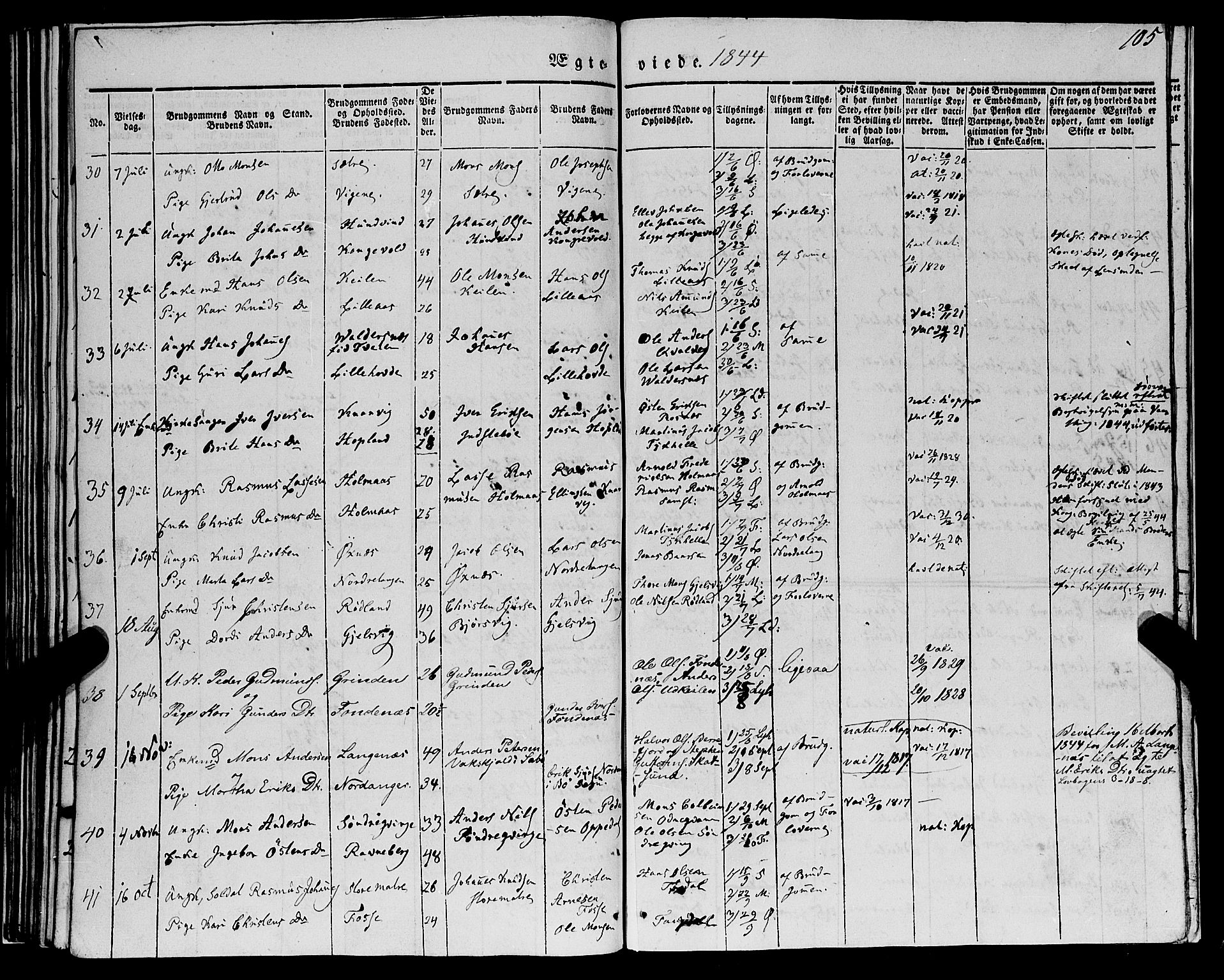 Lindås Sokneprestembete, AV/SAB-A-76701/H/Haa/Haaa/L0012: Parish register (official) no. A 12, 1836-1848, p. 105