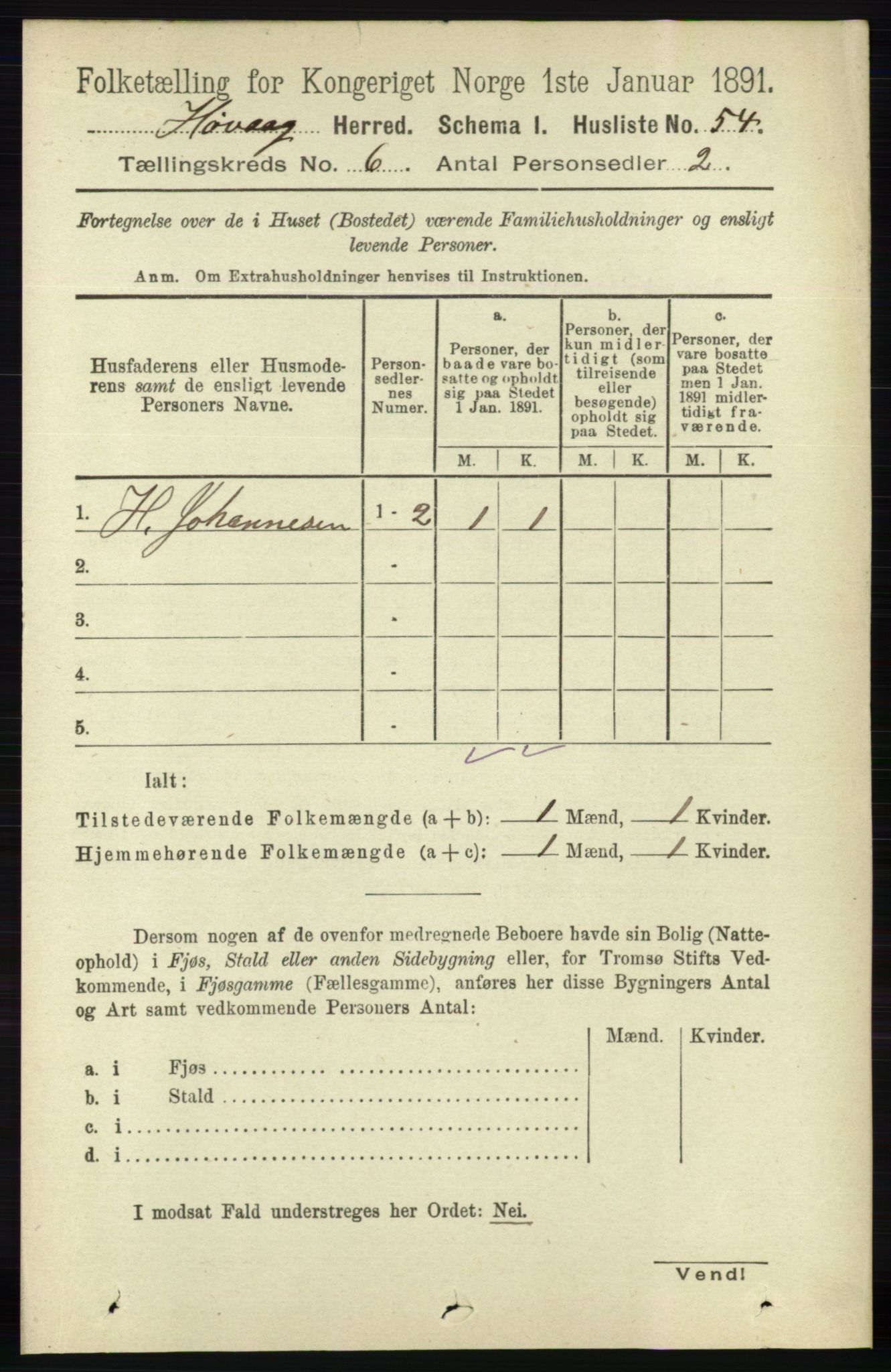 RA, 1891 census for 0927 Høvåg, 1891, p. 2212