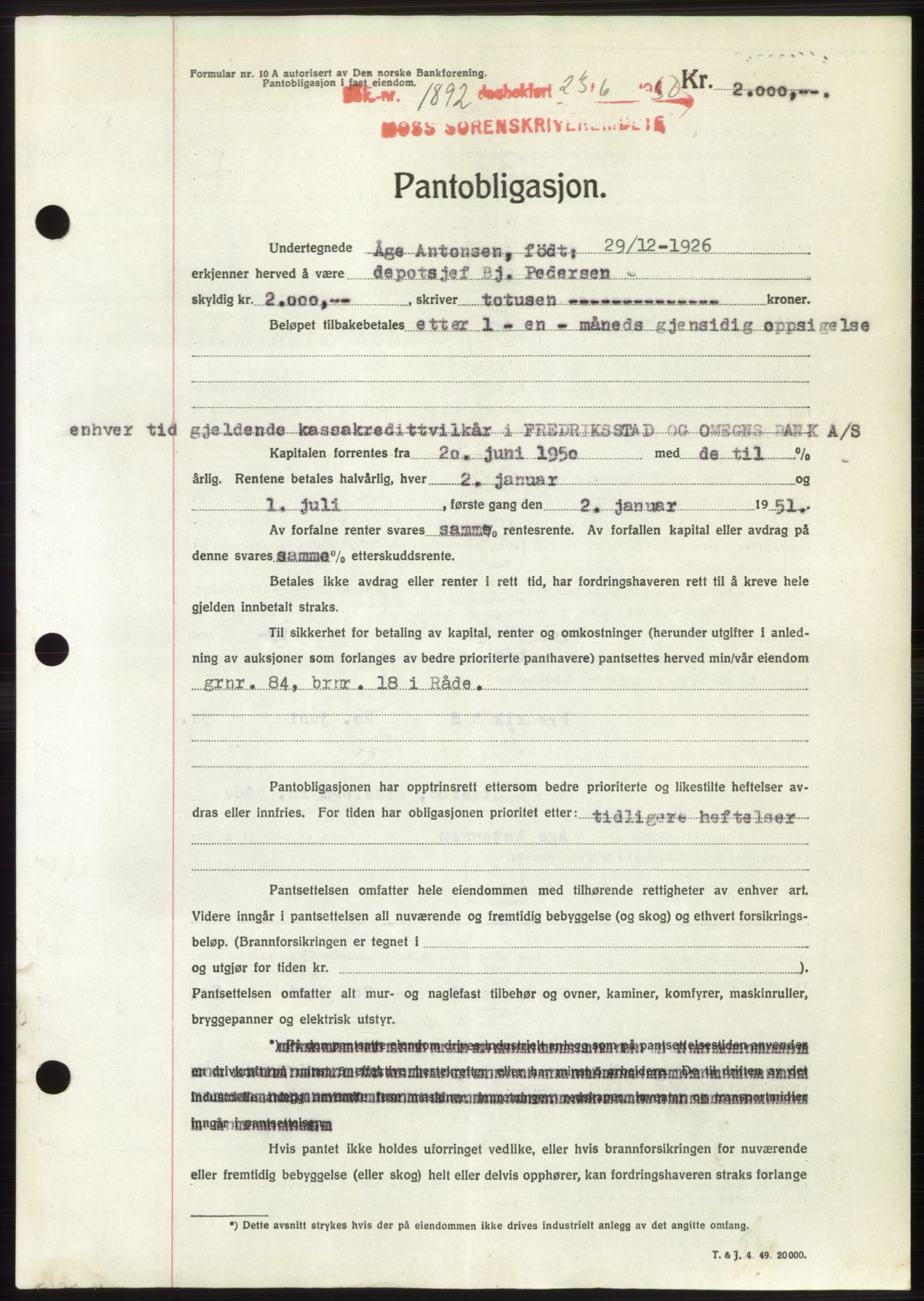 Moss sorenskriveri, AV/SAO-A-10168: Mortgage book no. B24, 1950-1950, Diary no: : 1892/1950