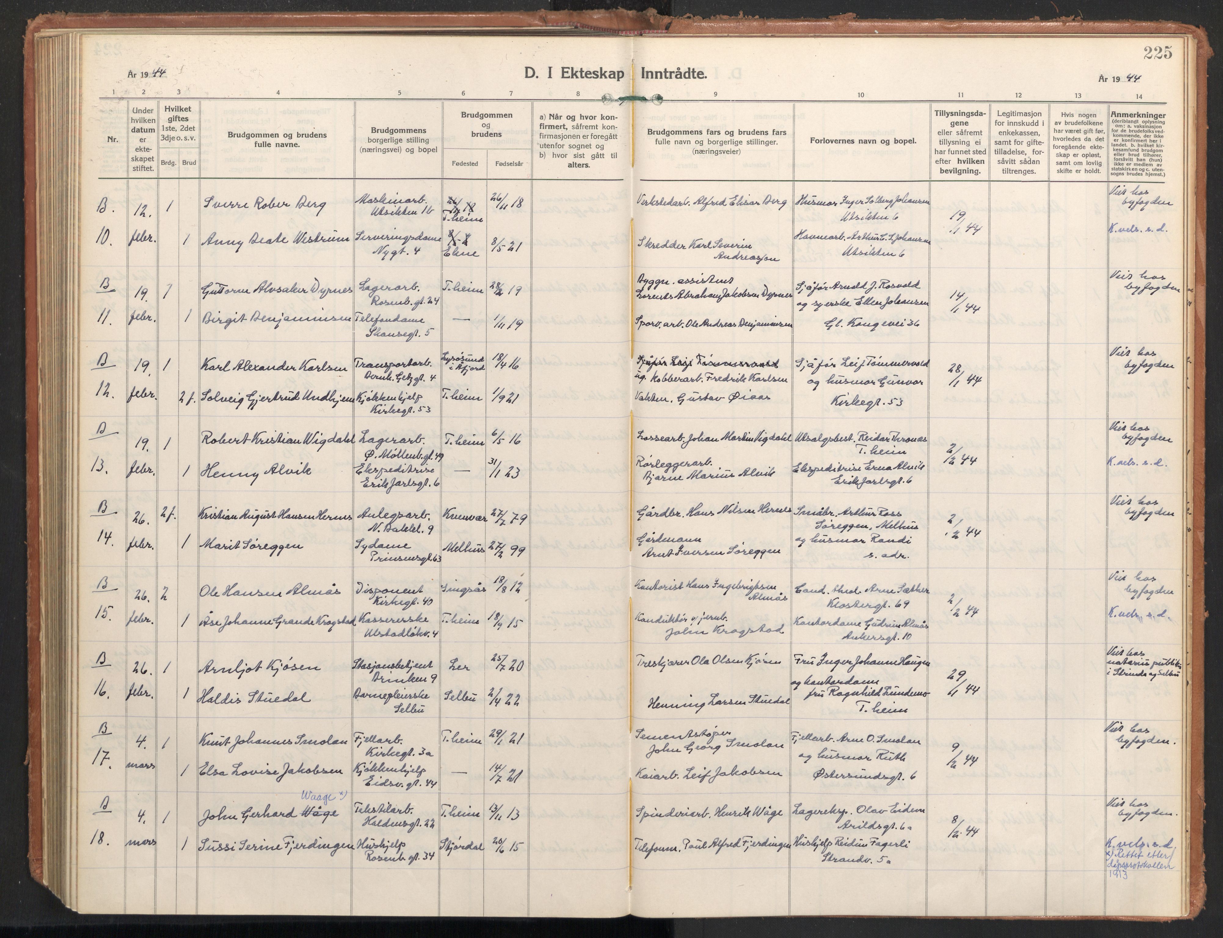 Ministerialprotokoller, klokkerbøker og fødselsregistre - Sør-Trøndelag, SAT/A-1456/604/L0209: Parish register (official) no. 604A29, 1931-1945, p. 225
