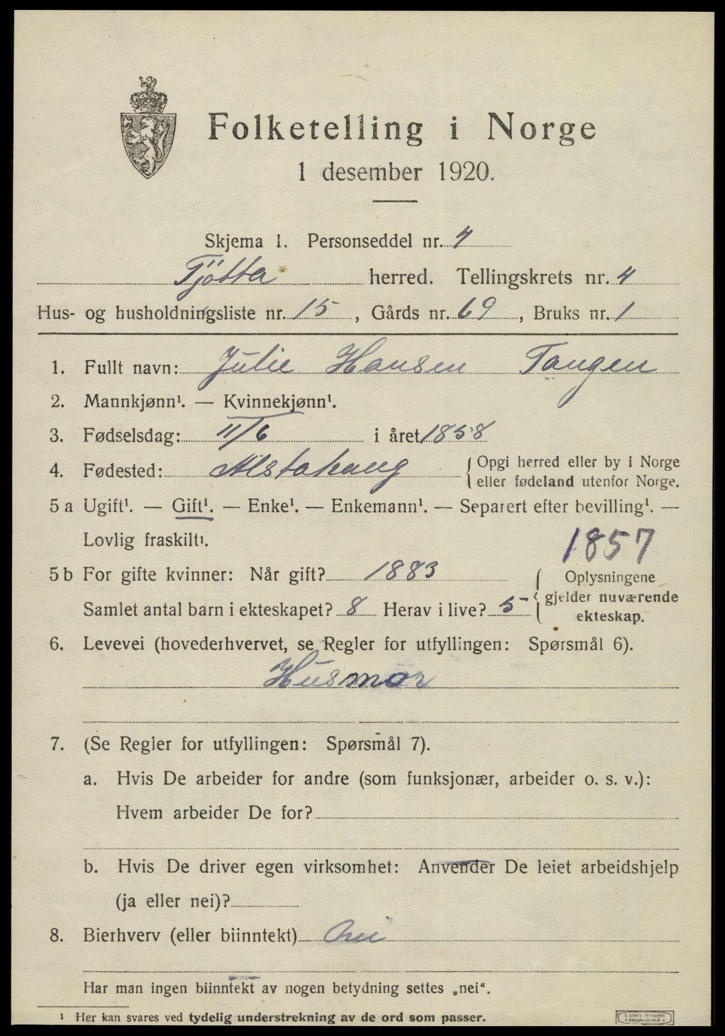 SAT, 1920 census for Tjøtta, 1920, p. 1963