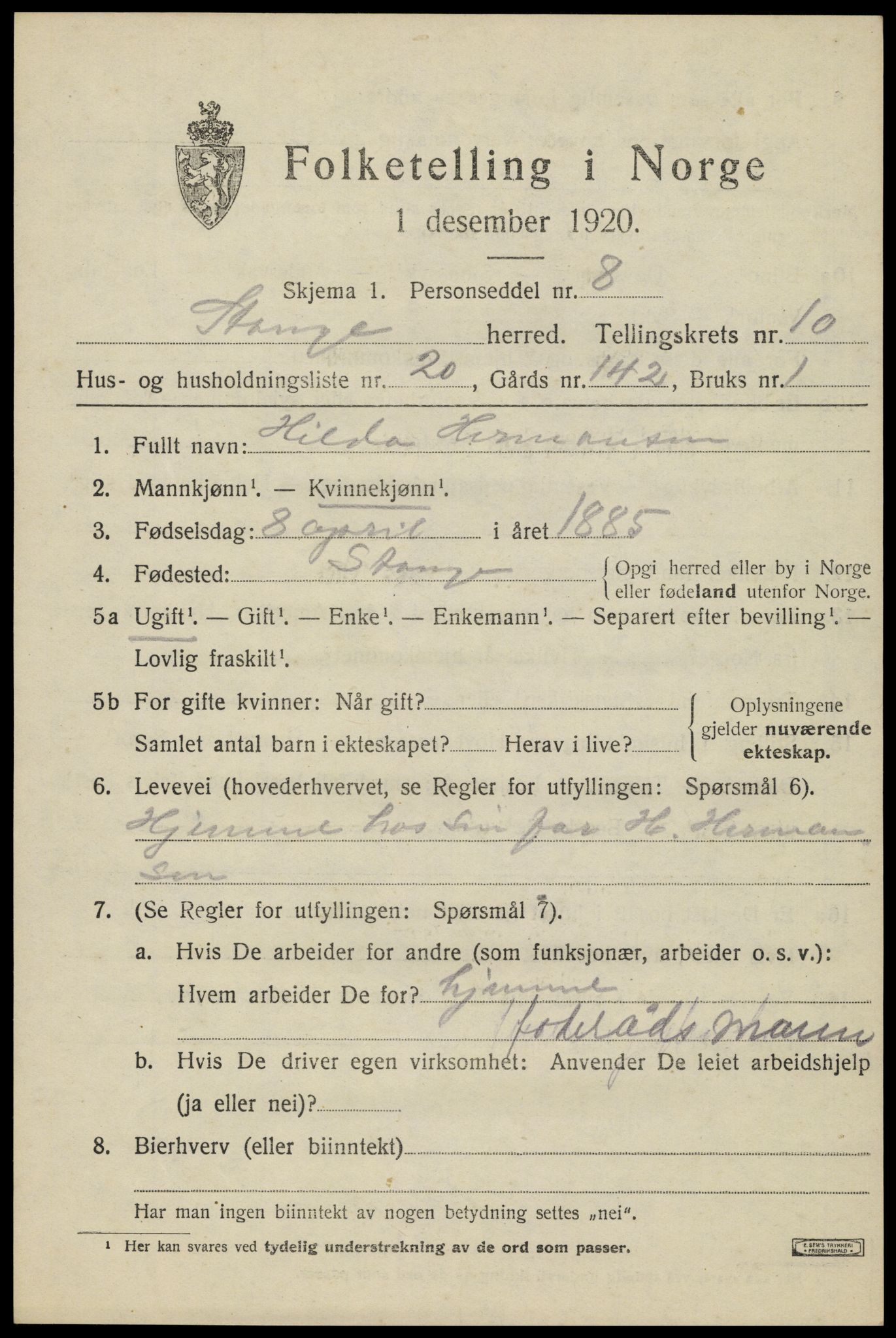 SAH, 1920 census for Stange, 1920, p. 16087