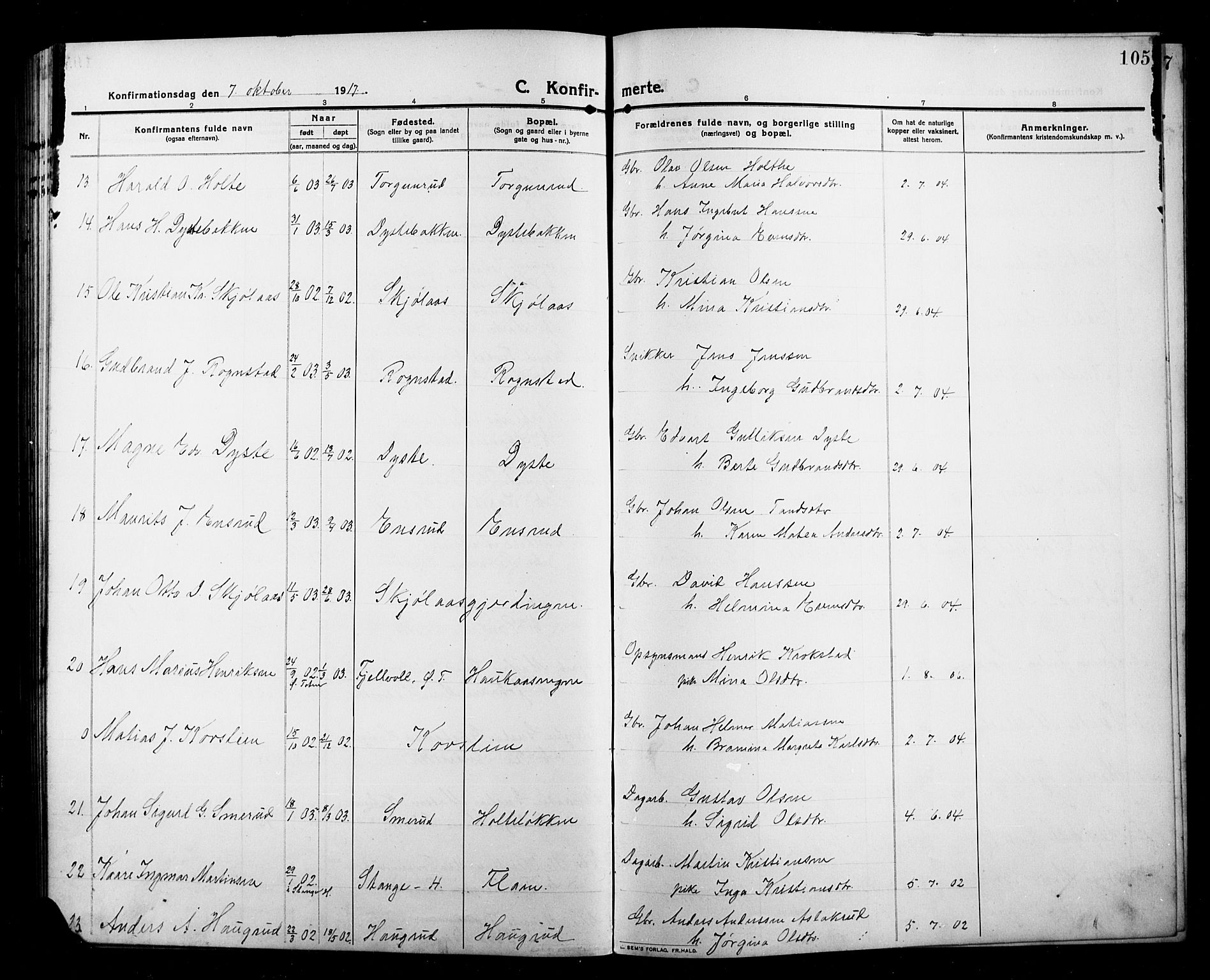 Kolbu prestekontor, SAH/PREST-110/H/Ha/Hab/L0001: Parish register (copy) no. 1, 1912-1925, p. 105