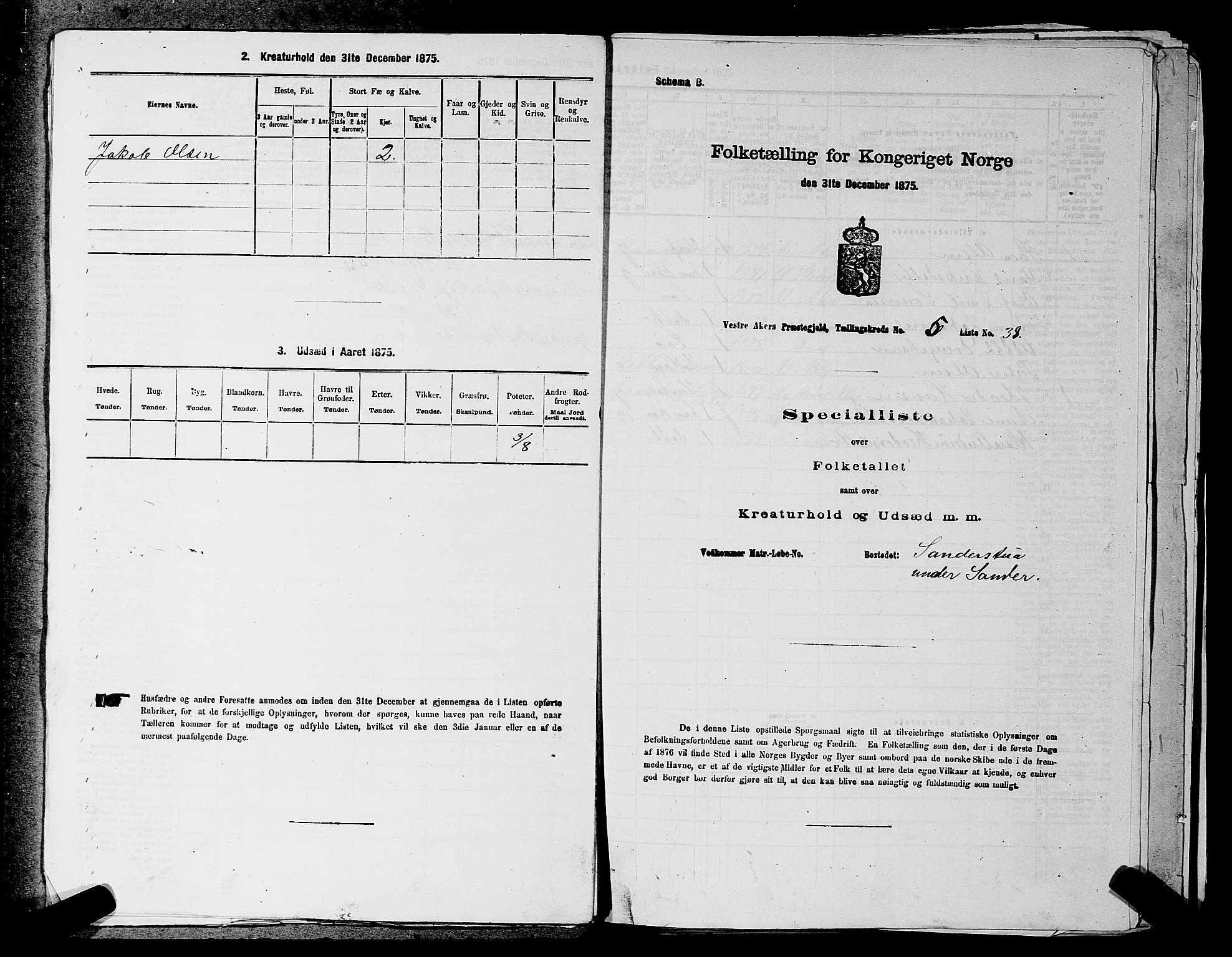 RA, 1875 census for 0218aP Vestre Aker, 1875, p. 1014