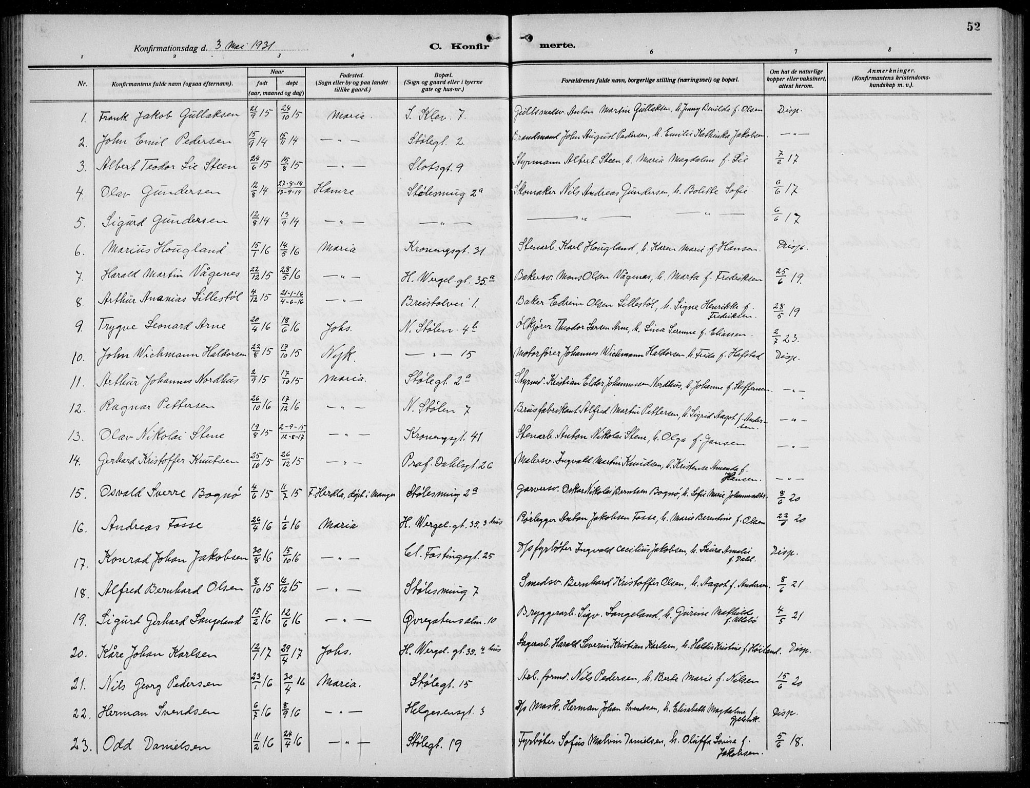 Mariakirken Sokneprestembete, SAB/A-76901/H/Hab/L0010: Parish register (copy) no. A 10, 1920-1937, p. 52