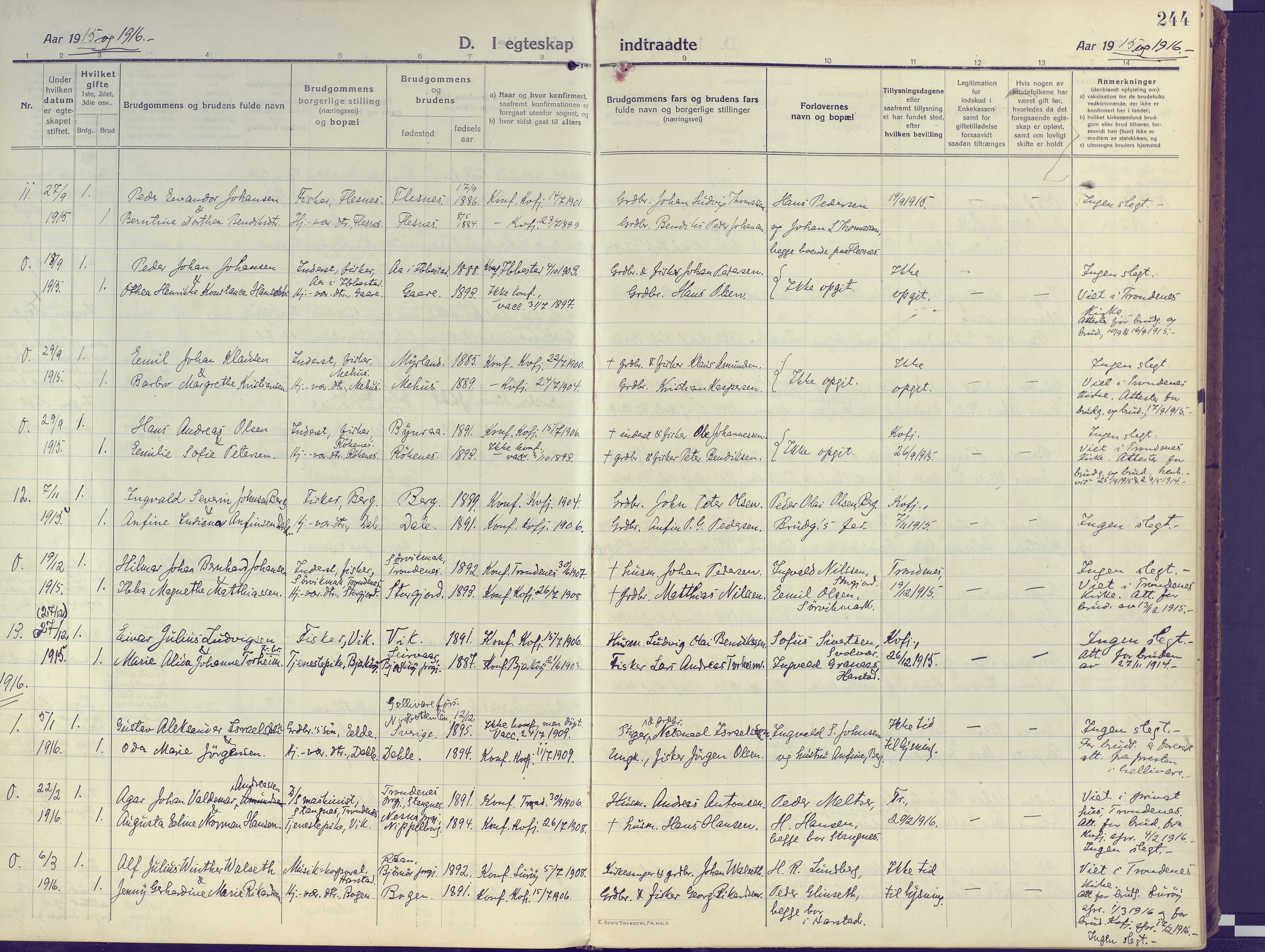 Kvæfjord sokneprestkontor, SATØ/S-1323/G/Ga/Gaa/L0007kirke: Parish register (official) no. 7, 1915-1931, p. 244