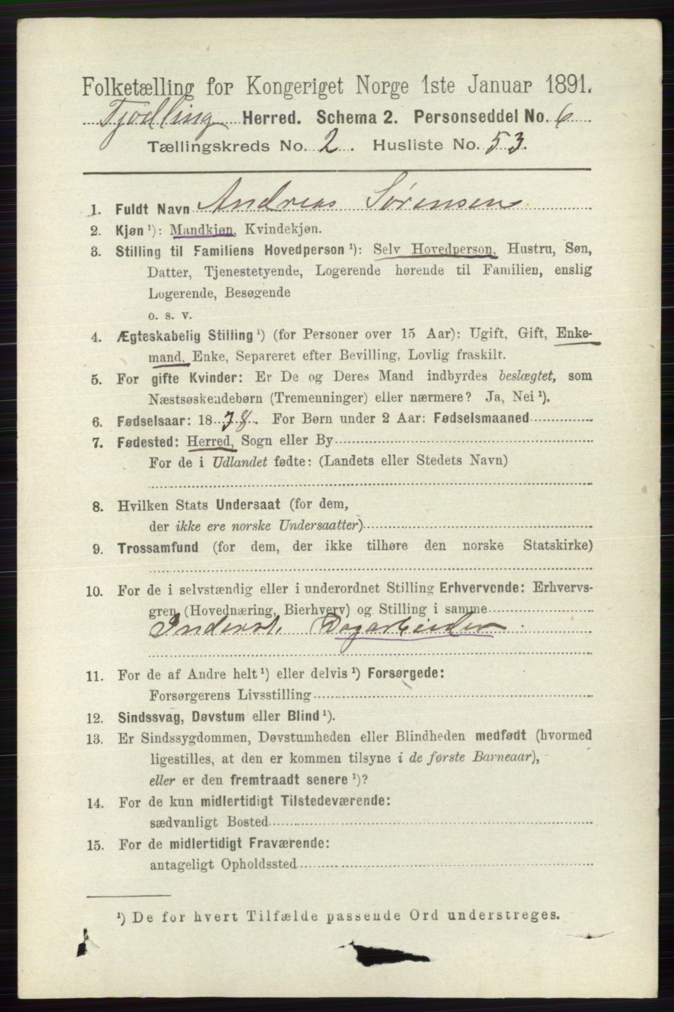 RA, 1891 census for 0725 Tjølling, 1891, p. 820