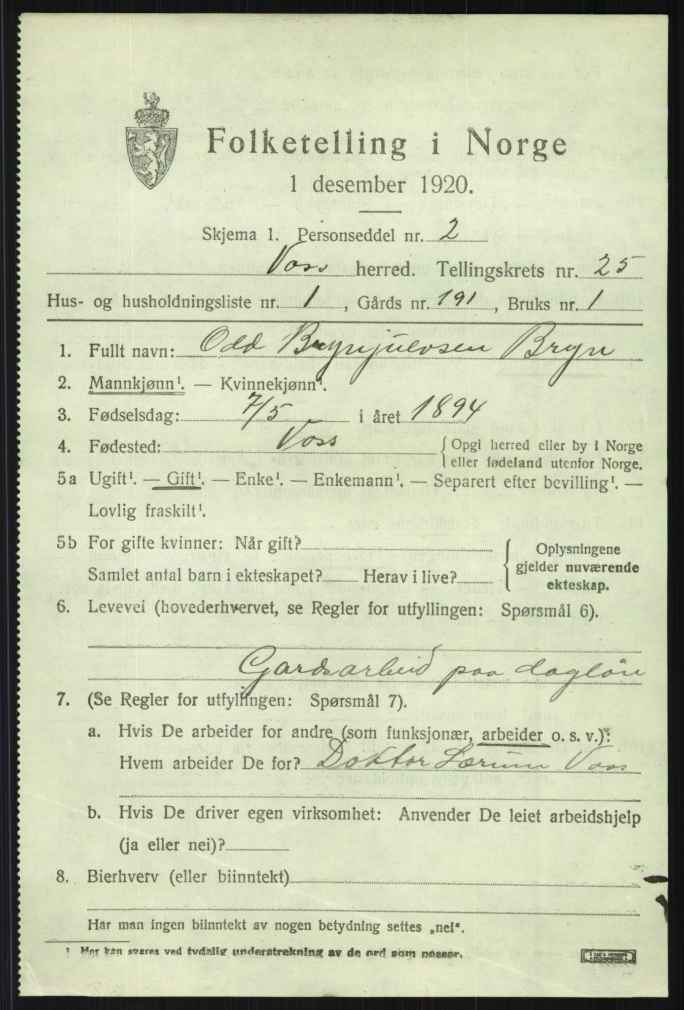 SAB, 1920 census for Voss, 1920, p. 16679