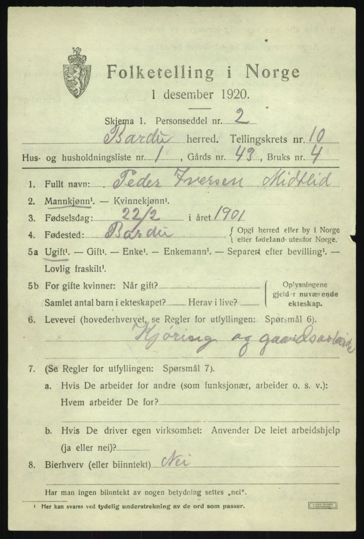 SATØ, 1920 census for Bardu, 1920, p. 3322