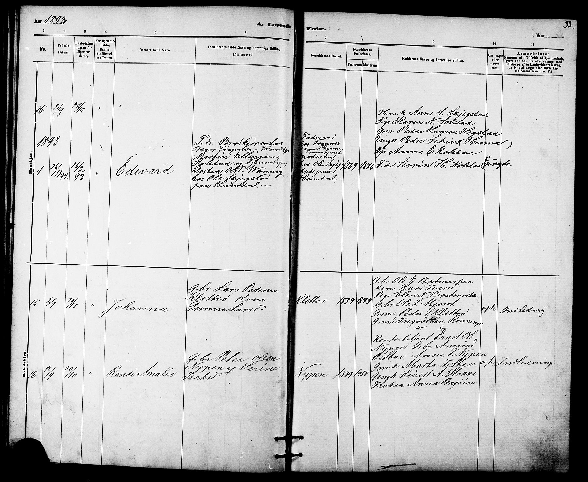 Ministerialprotokoller, klokkerbøker og fødselsregistre - Sør-Trøndelag, AV/SAT-A-1456/613/L0395: Parish register (copy) no. 613C03, 1887-1909, p. 33